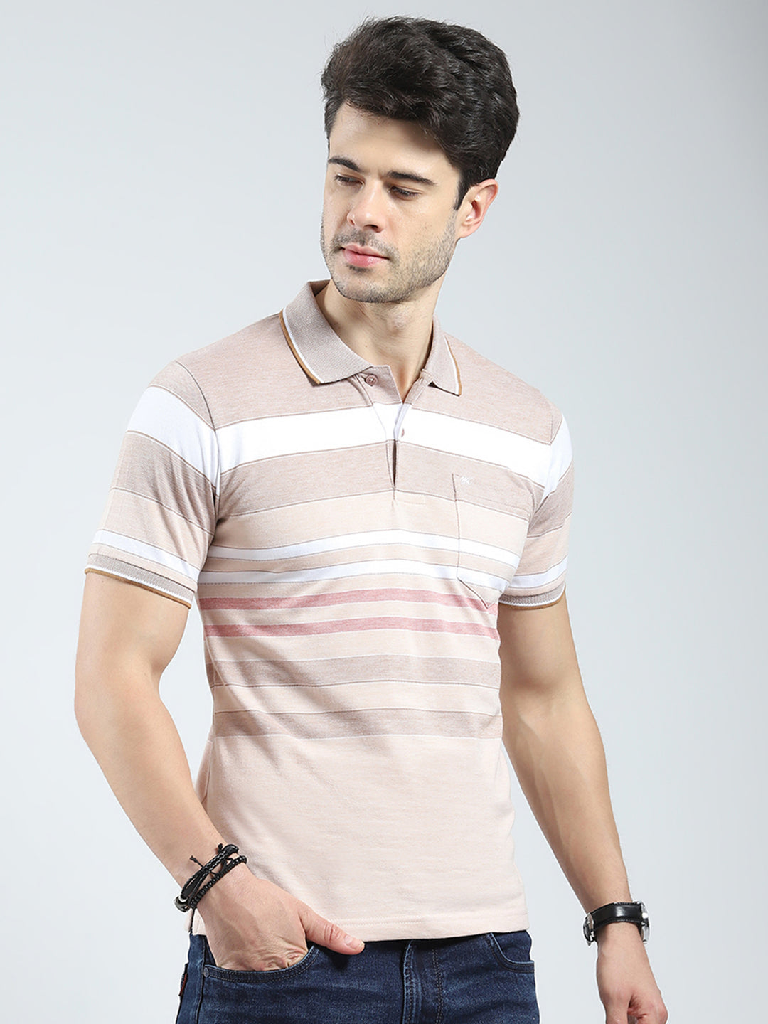 Men Beige Stripe Collar Half Sleeve T-Shirt