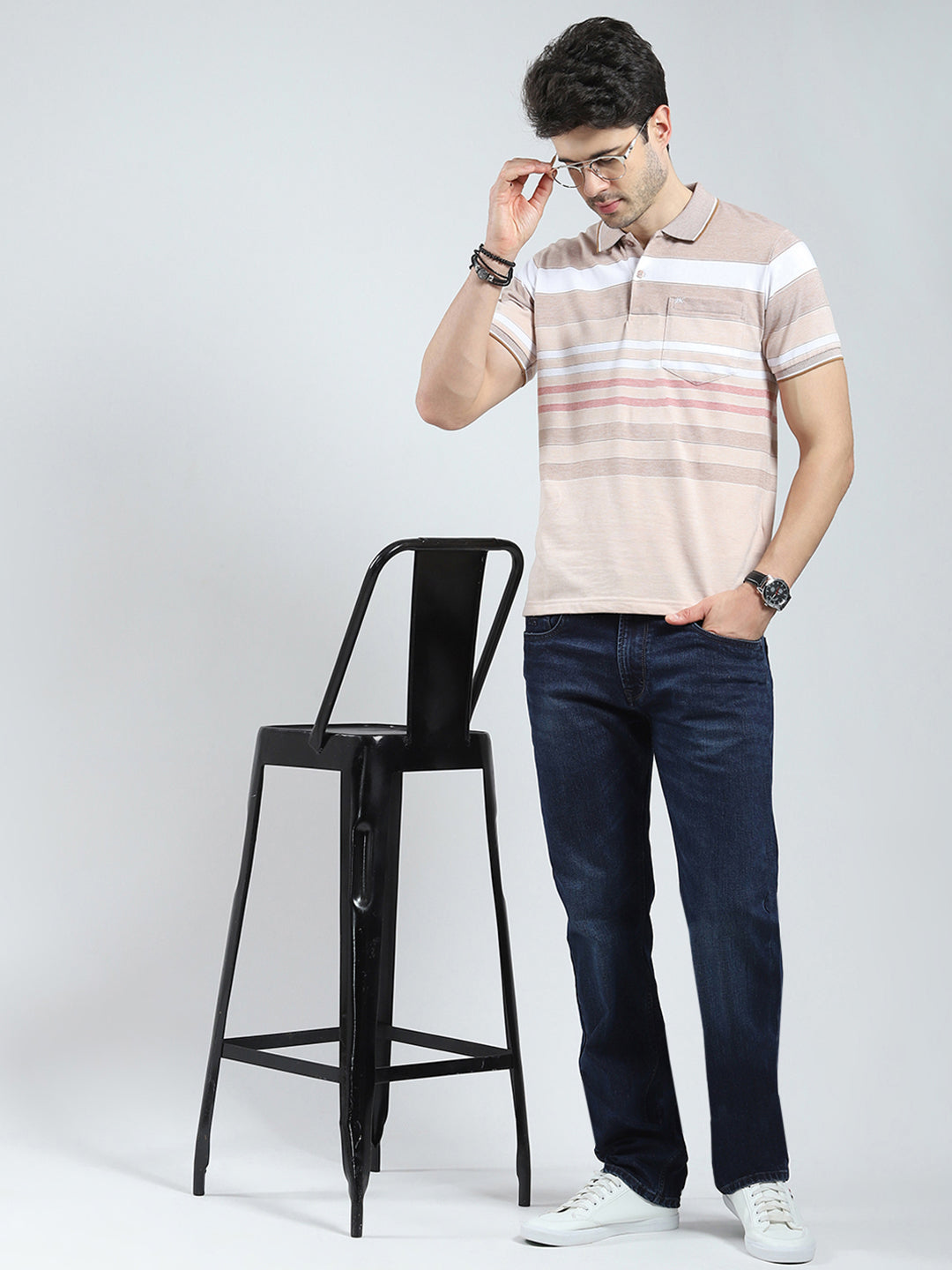 Men Beige Stripe Collar Half Sleeve T-Shirt
