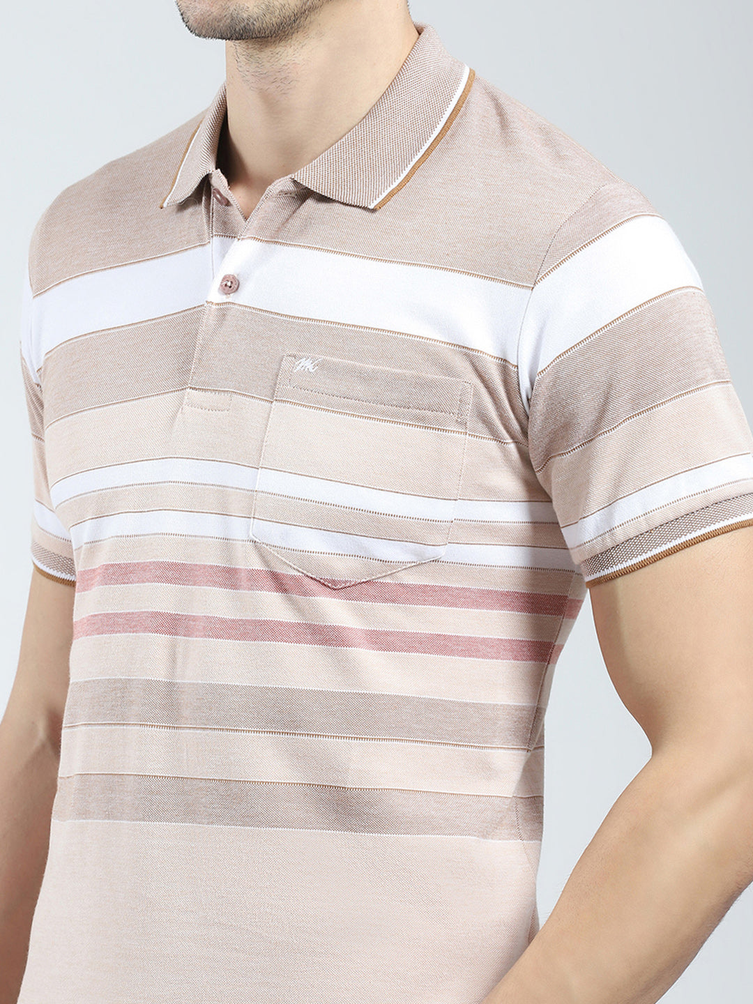 Men Beige Stripe Collar Half Sleeve T-Shirt
