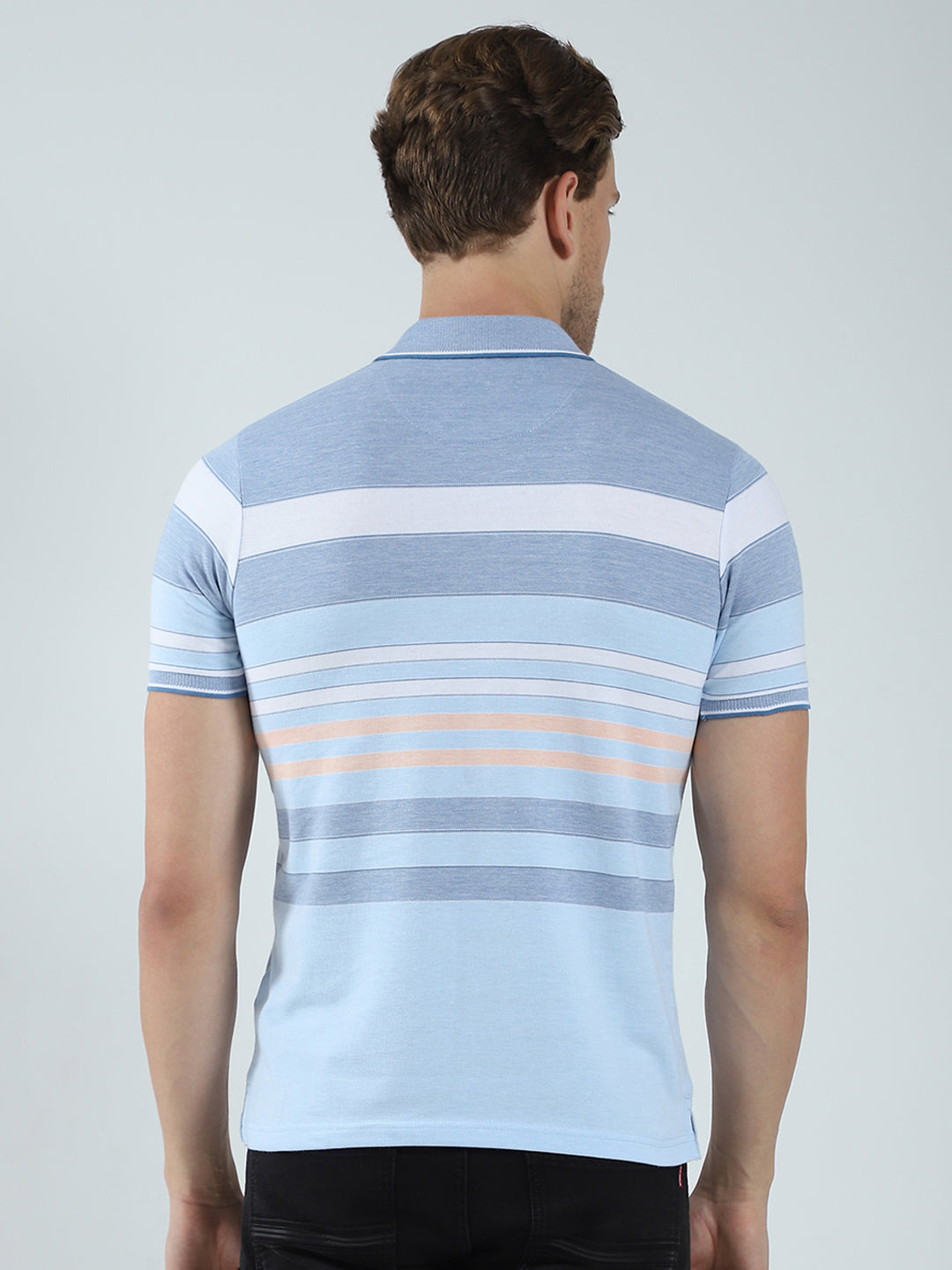 Men Blue Stripe Collar Half Sleeve T-Shirt