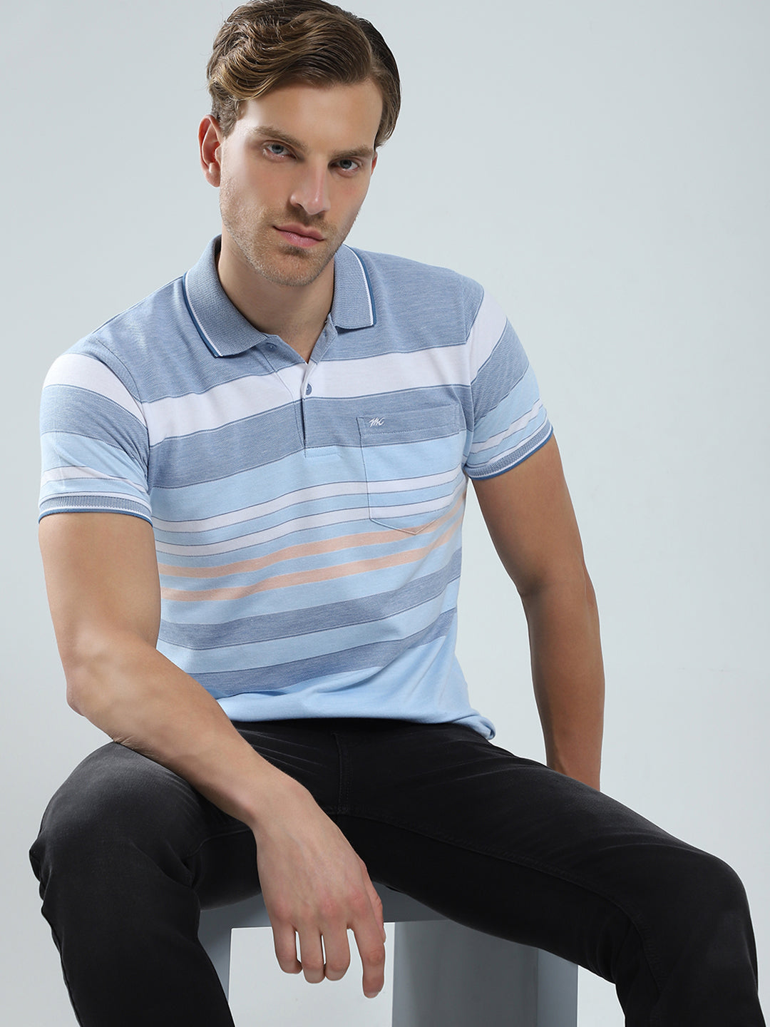 Men Blue Stripe Collar Half Sleeve T-Shirt