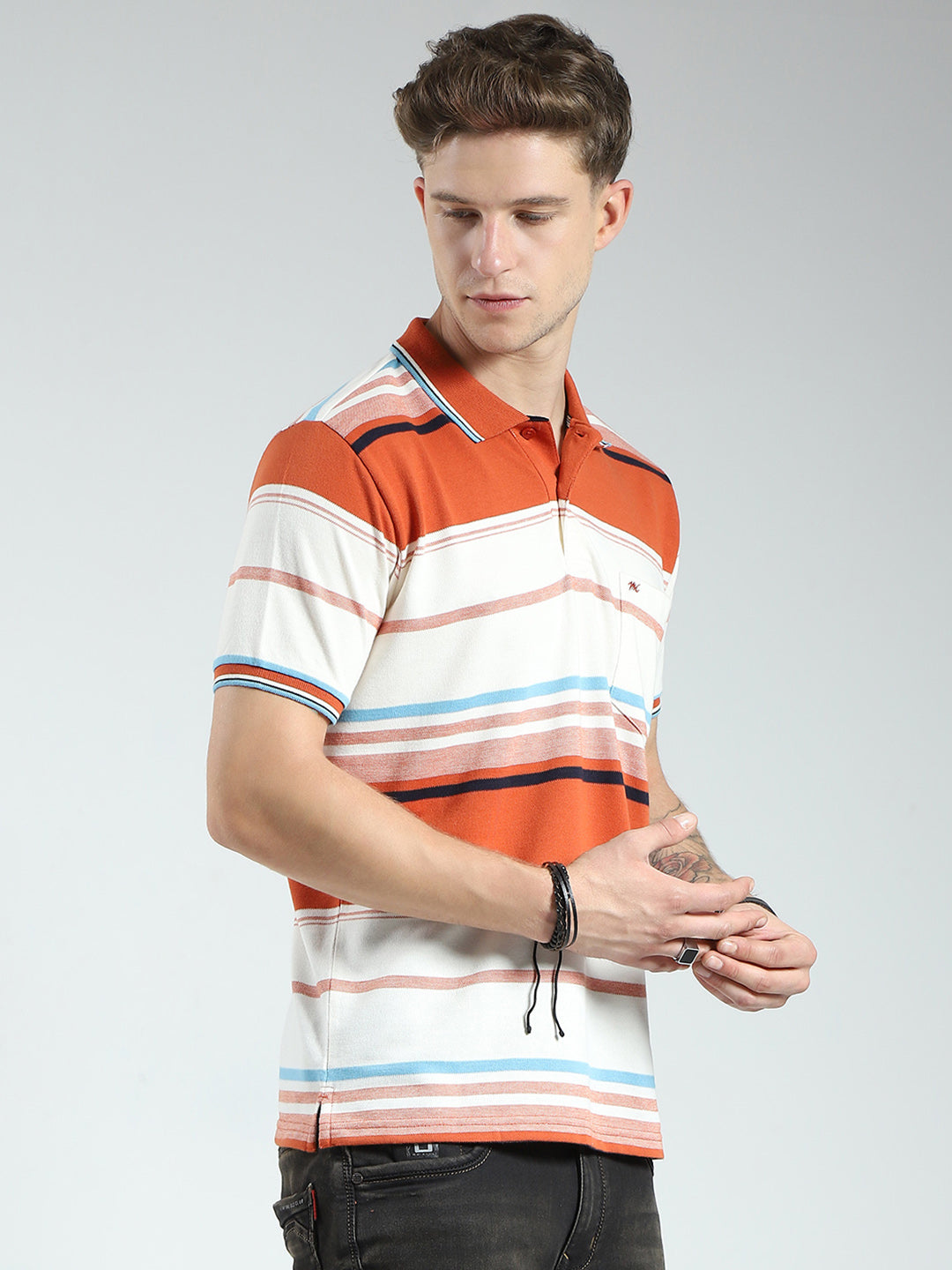 Men Rust Stripe Collar Half Sleeve T-Shirt