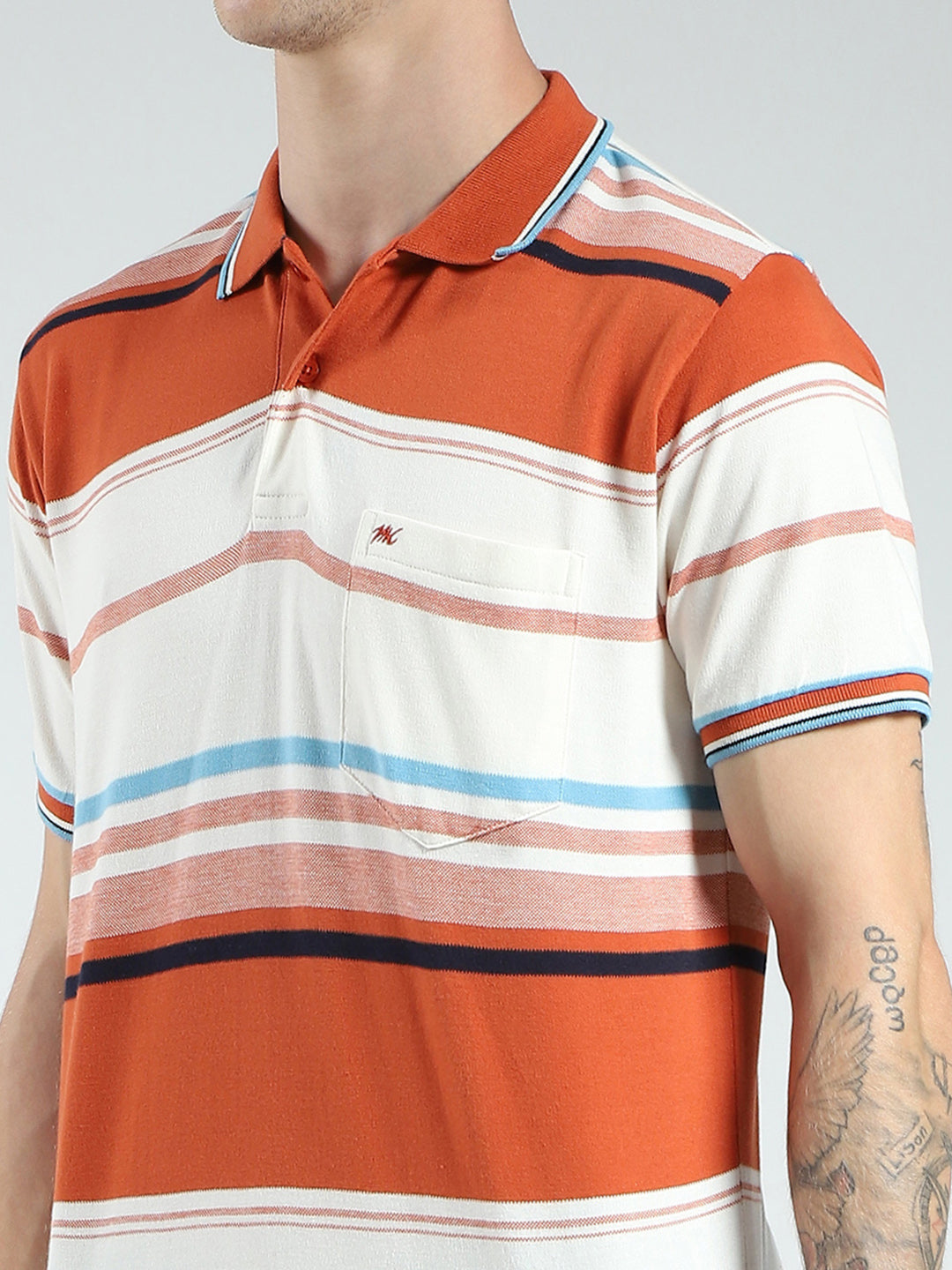 Men Rust Stripe Collar Half Sleeve T-Shirt