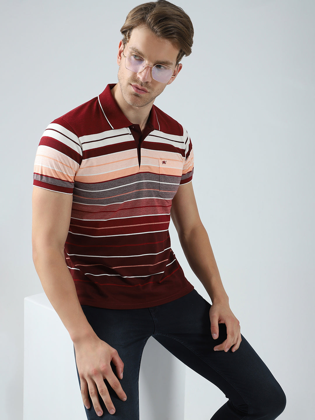 Men Maroon Stripe Collar Half Sleeve T-Shirt
