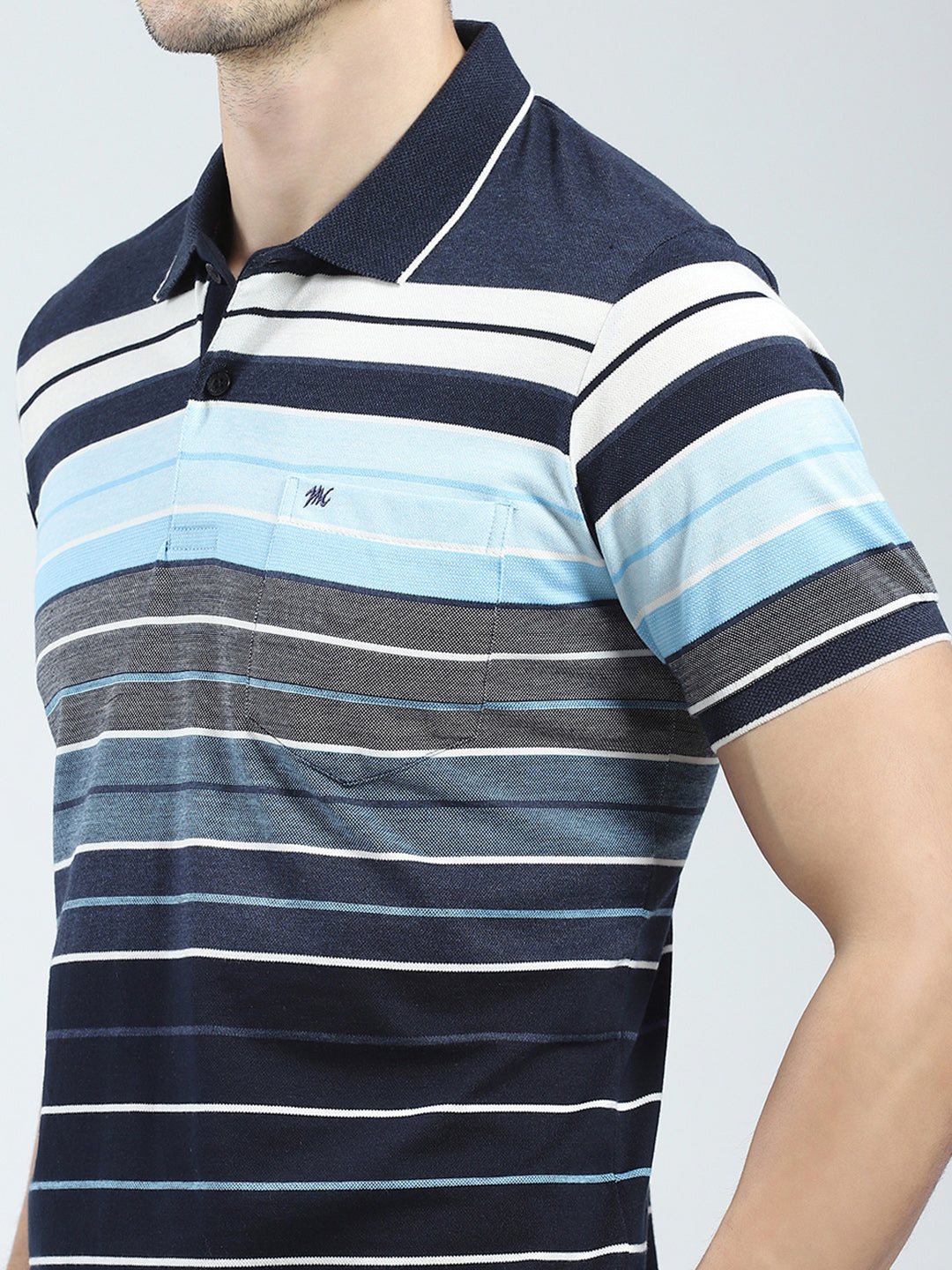 Men Navy Blue Stripe Collar Half Sleeve T-Shirt