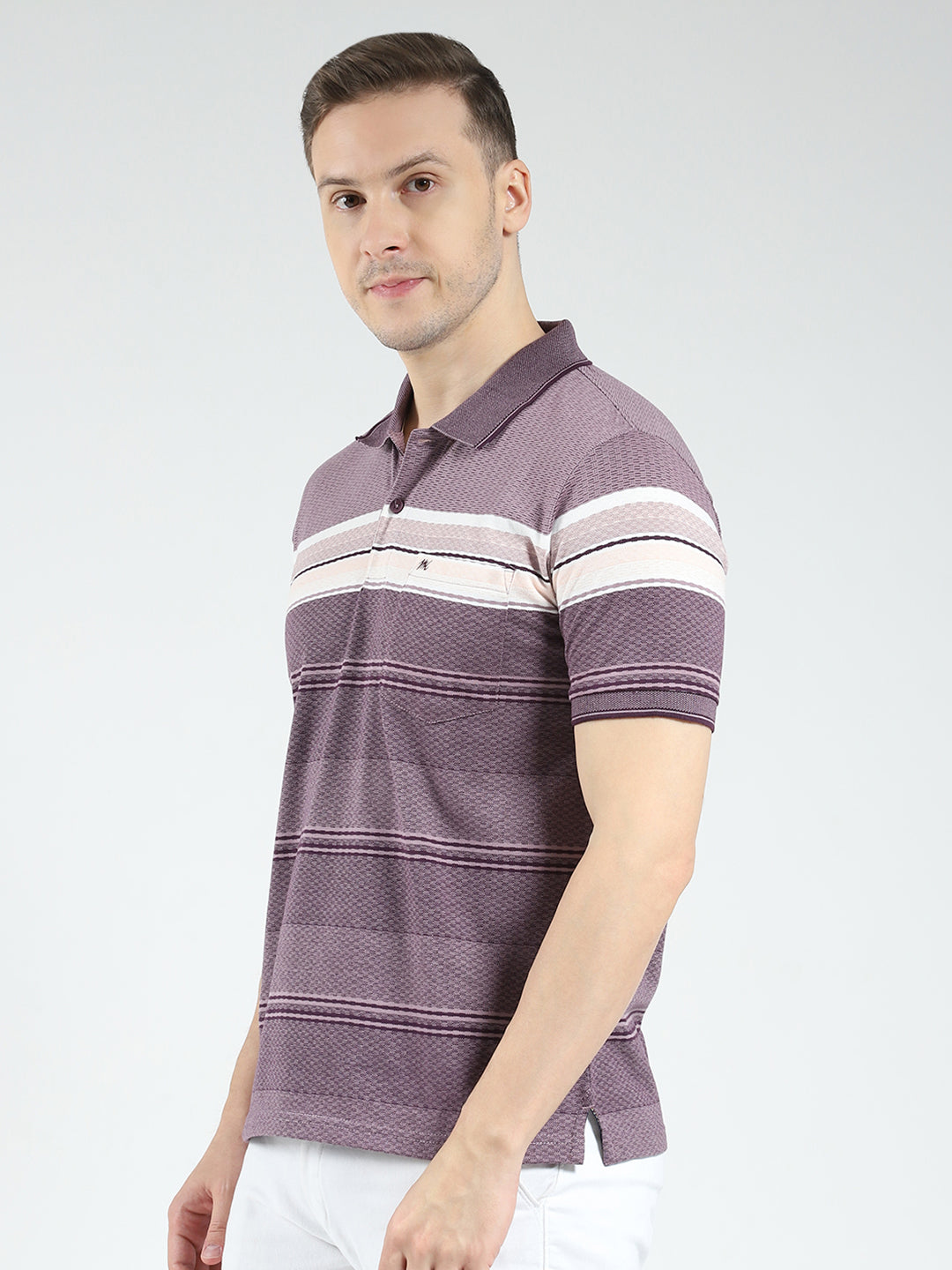 Men Purple Stripe Collar Half Sleeve T-Shirt
