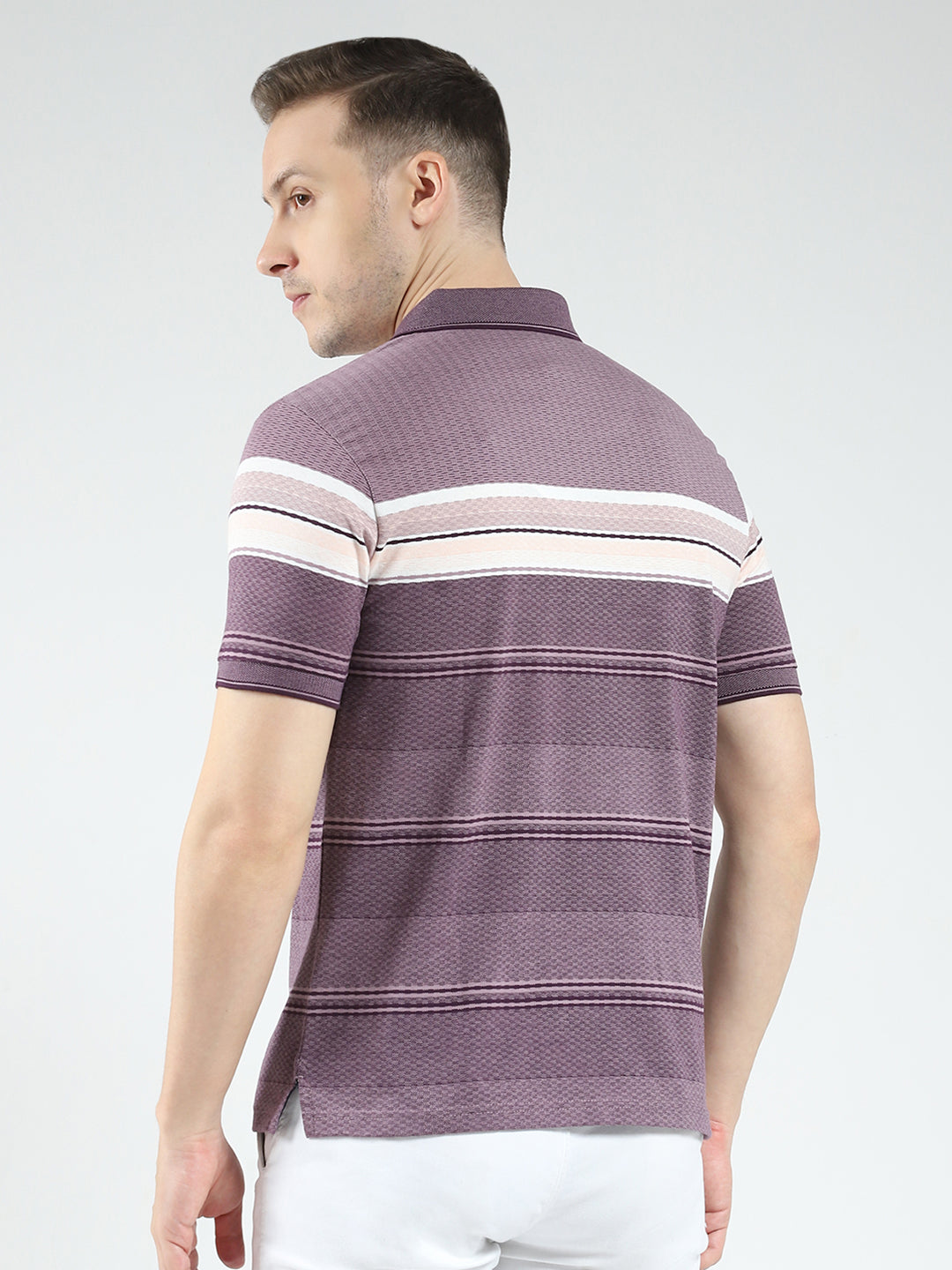 Men Purple Stripe Collar Half Sleeve T-Shirt