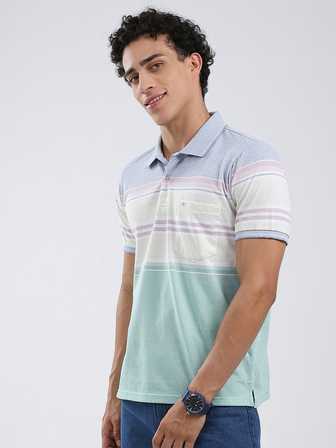 Men Green Stripe Collar Half Sleeve T-Shirt