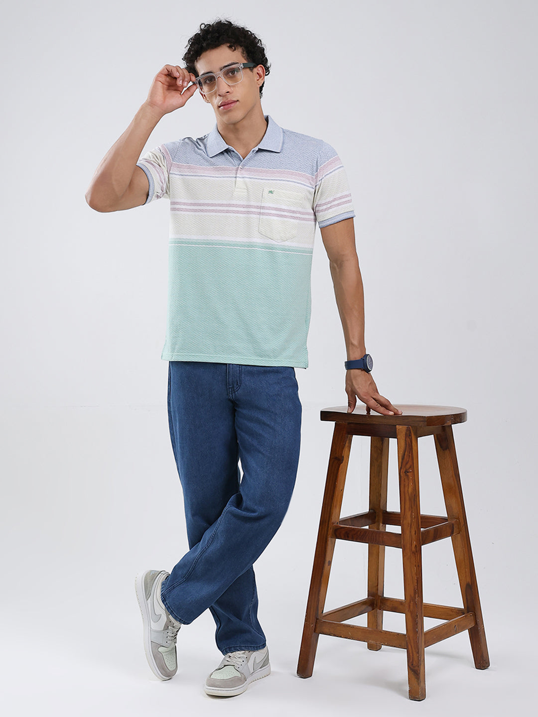 Men Green Stripe Collar Half Sleeve T-Shirt