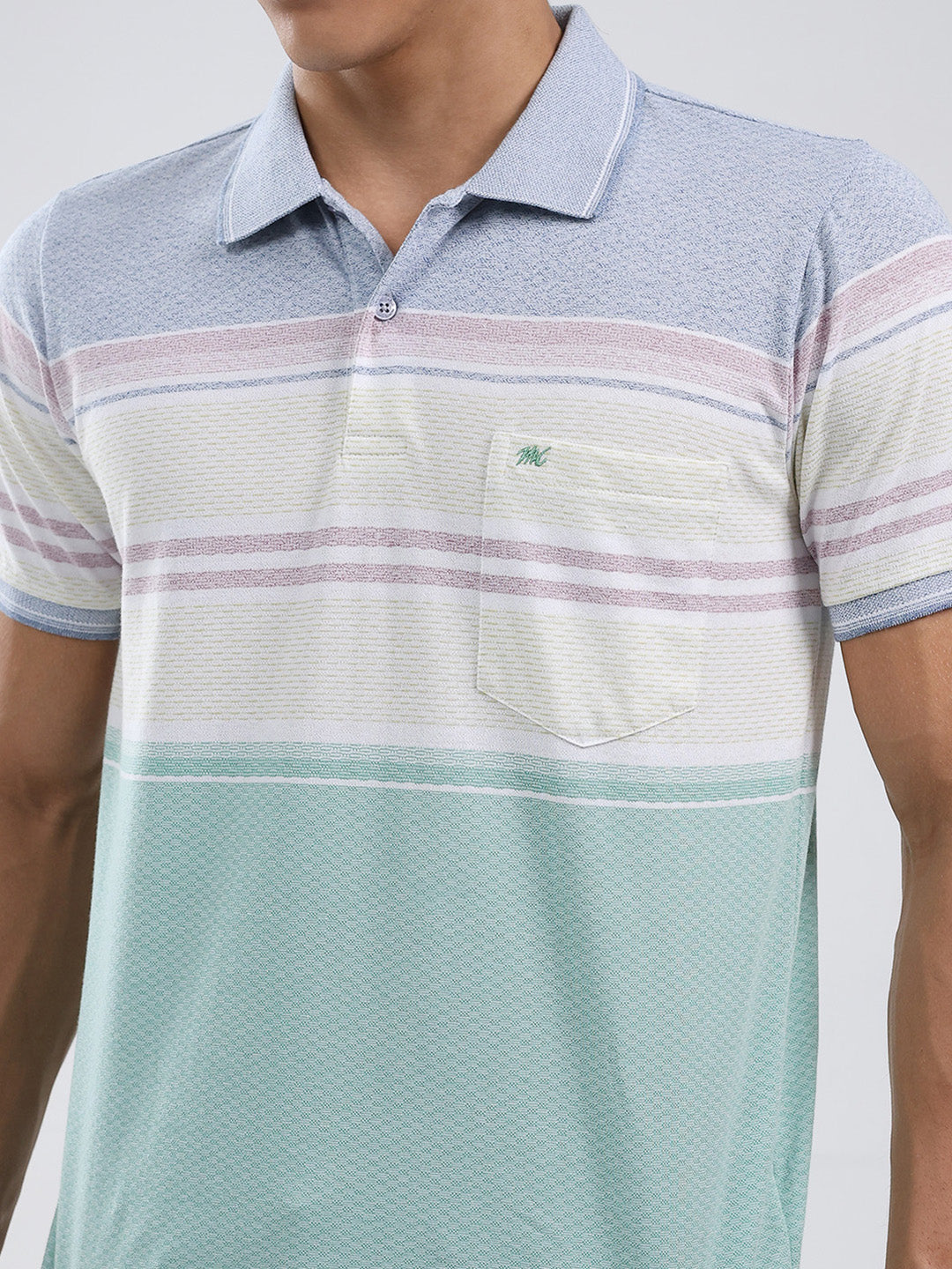 Men Green Stripe Collar Half Sleeve T-Shirt