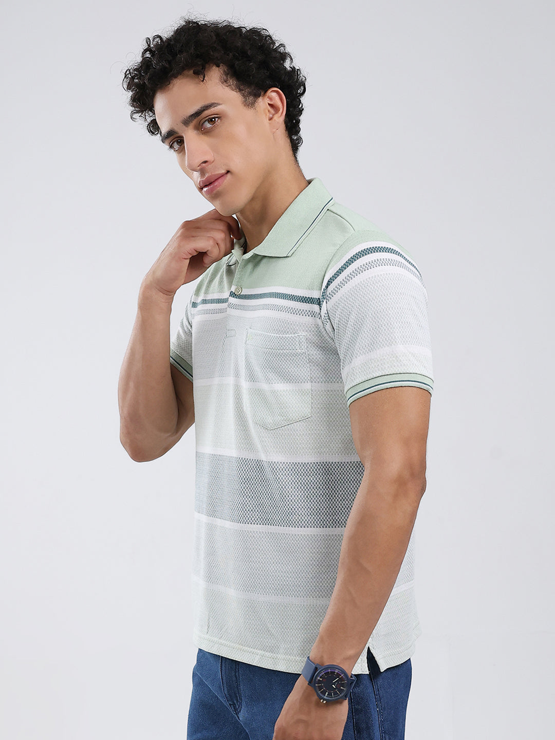 Men Green Stripe Collar Half Sleeve T-Shirt