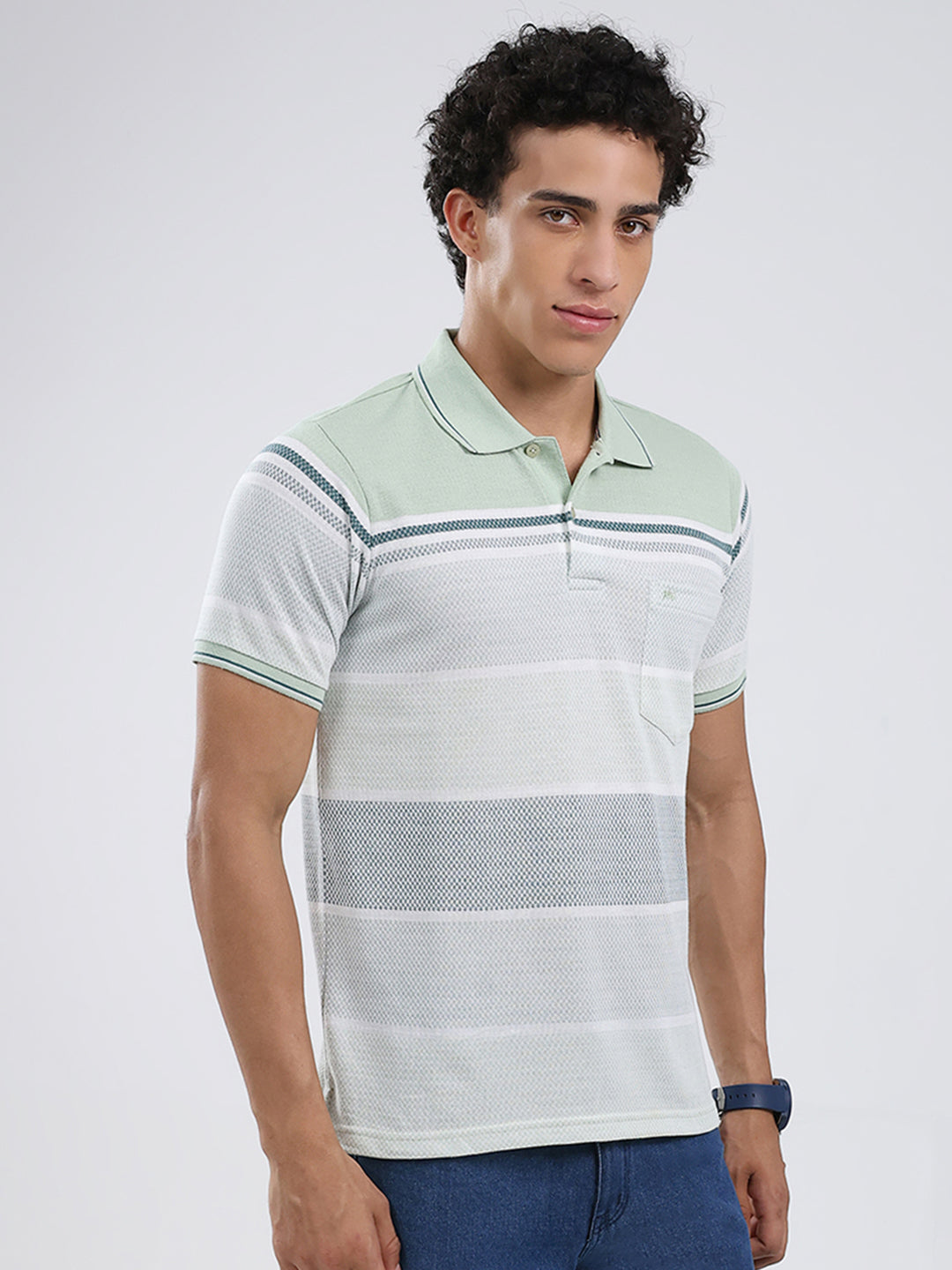 Men Green Stripe Collar Half Sleeve T-Shirt