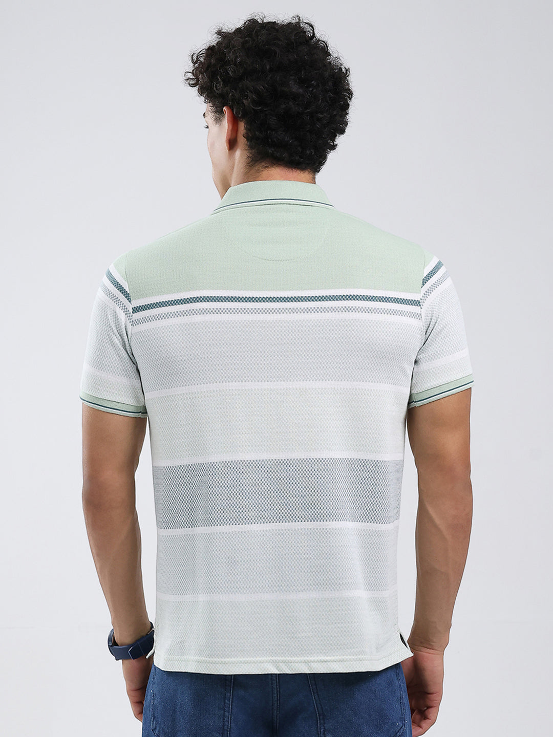 Men Green Stripe Collar Half Sleeve T-Shirt