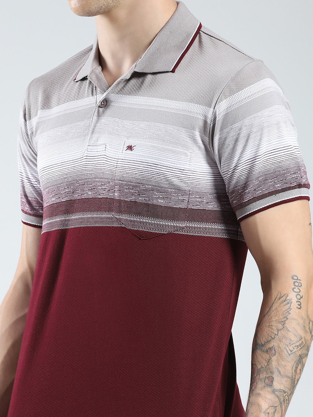 Men Maroon Stripe Collar Half Sleeve T-Shirt