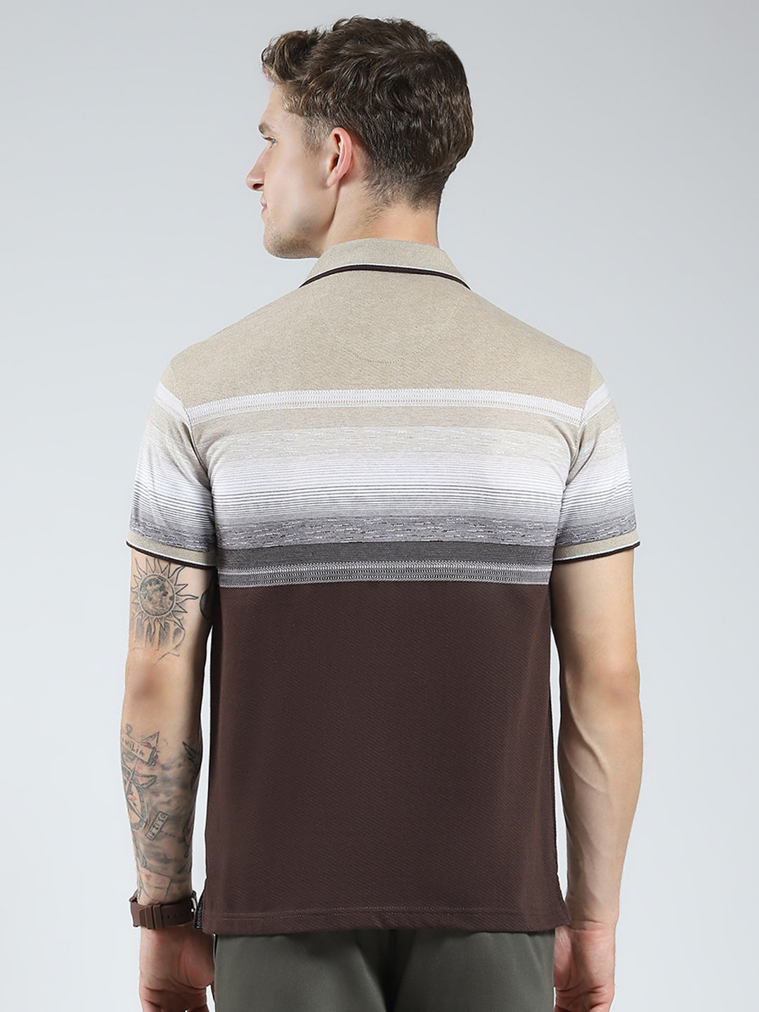 Men Brown Stripe Collar Half Sleeve T-Shirt