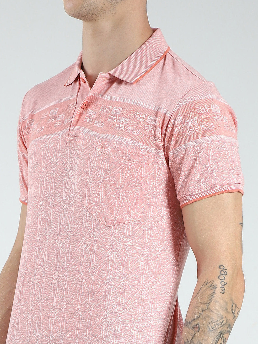 Men Pink Stripe Collar Half Sleeve T-Shirt
