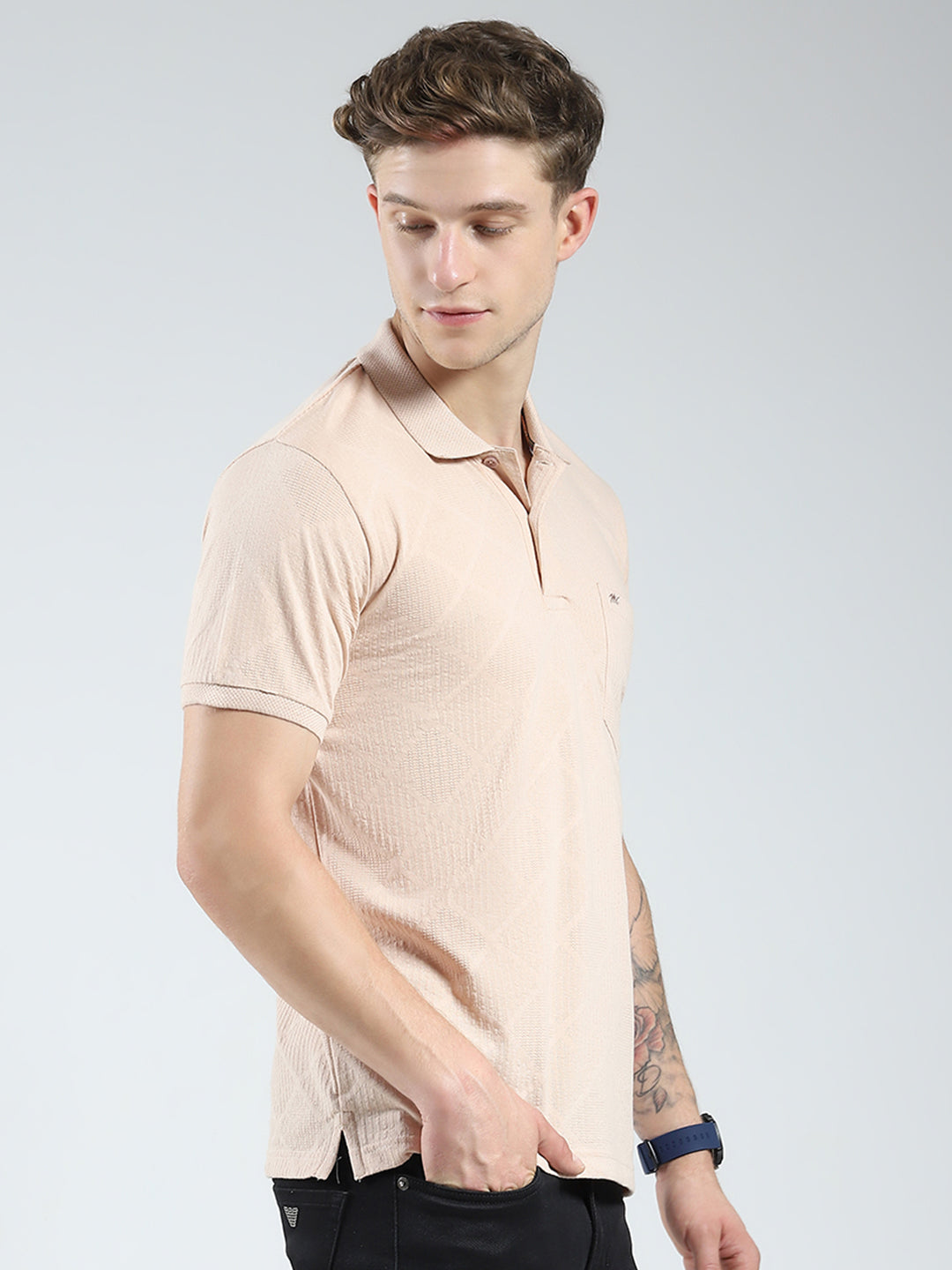 Men Beige Stripe Collar Half Sleeve T-Shirt