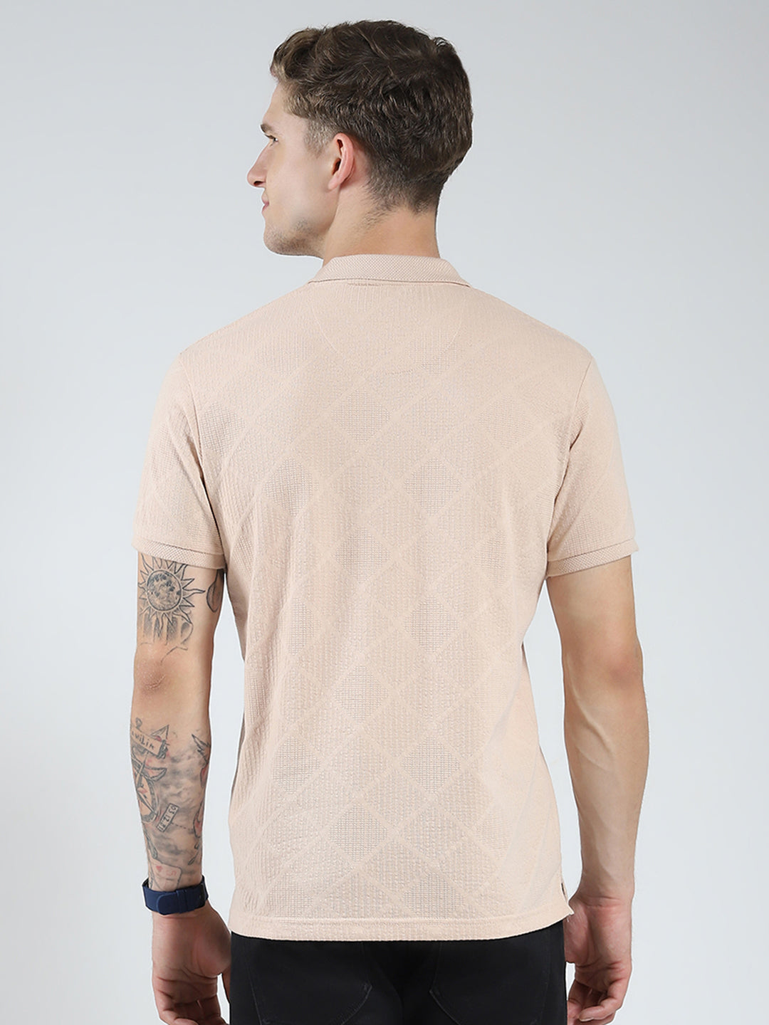 Men Beige Stripe Collar Half Sleeve T-Shirt