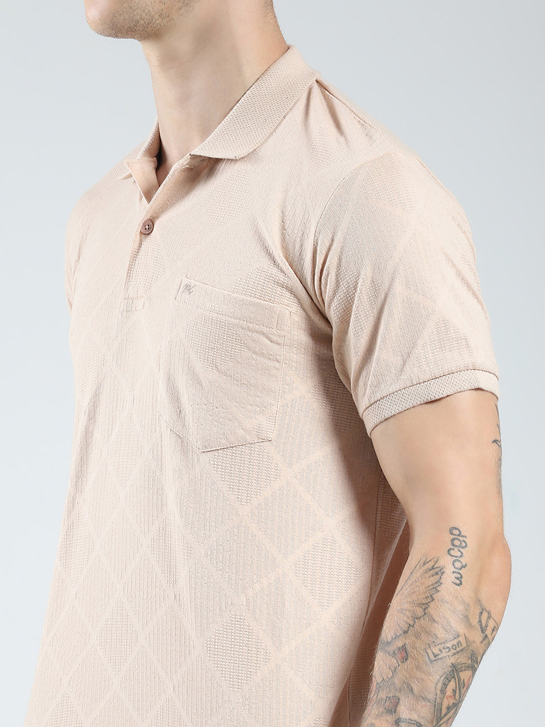 Men Beige Stripe Collar Half Sleeve T-Shirt