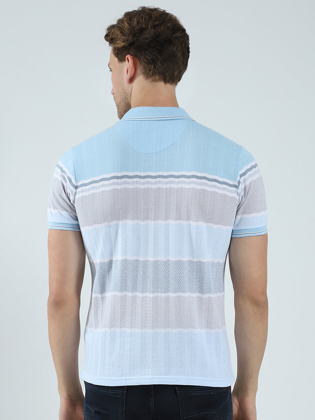 Men Blue Stripe Collar Half Sleeve T-Shirt