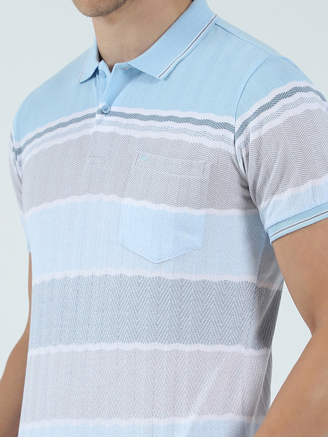 Men Blue Stripe Collar Half Sleeve T-Shirt