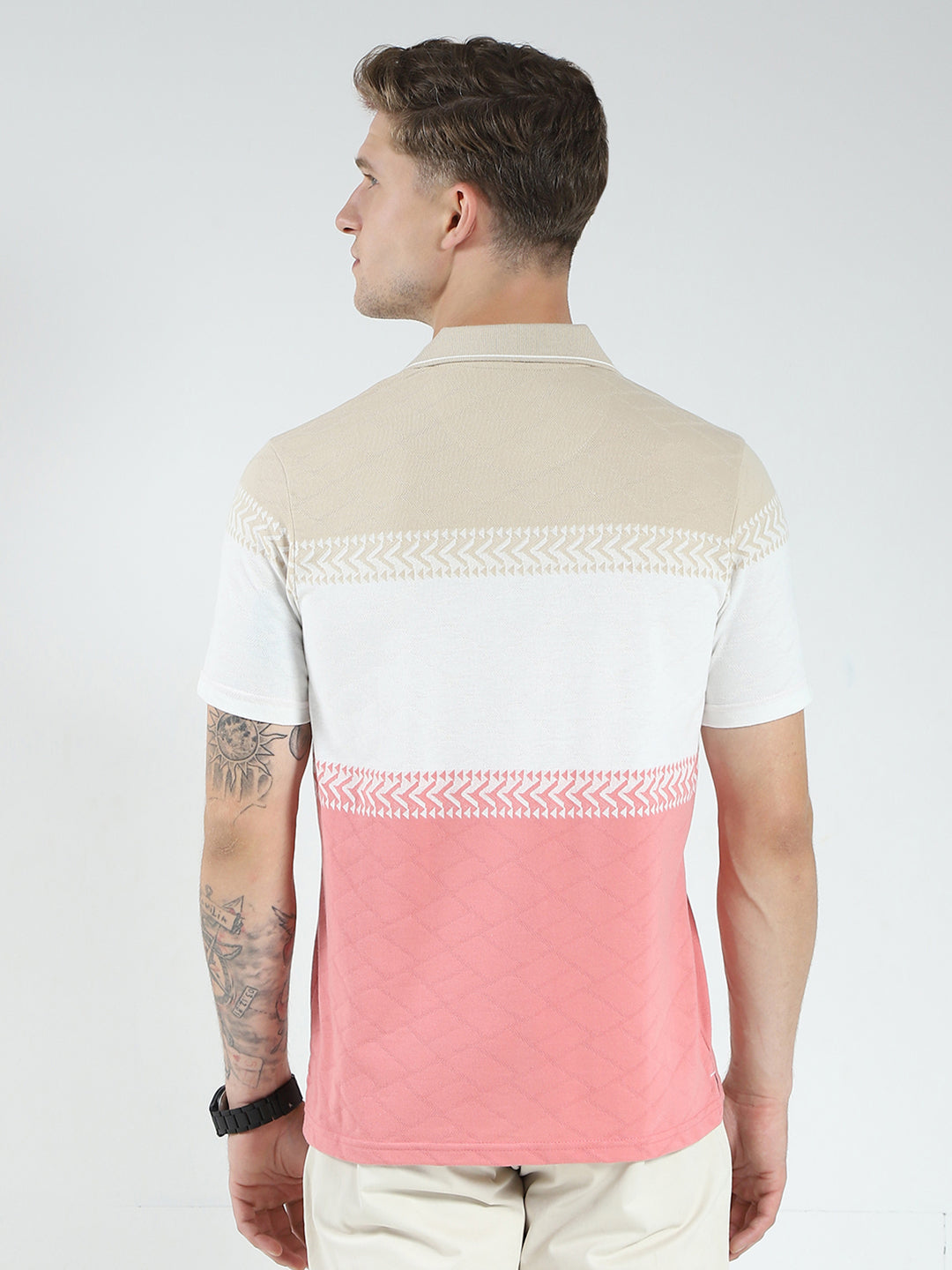 Men Pink Stripe Collar Half Sleeve T-Shirt