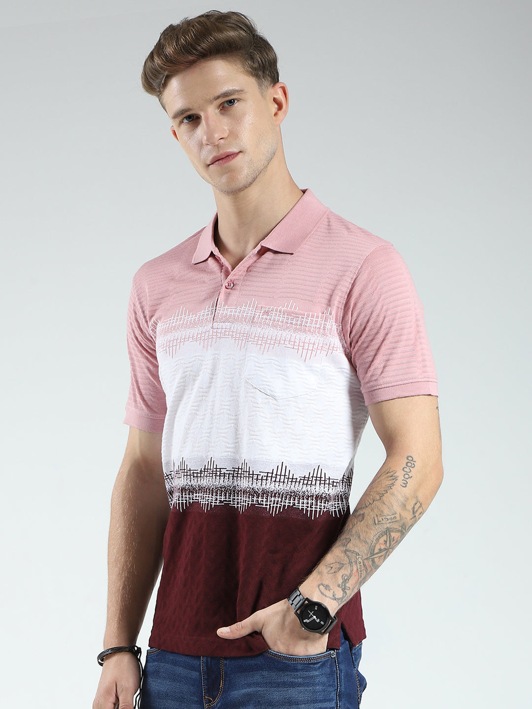 Men Maroon Stripe Collar Half Sleeve T-Shirt