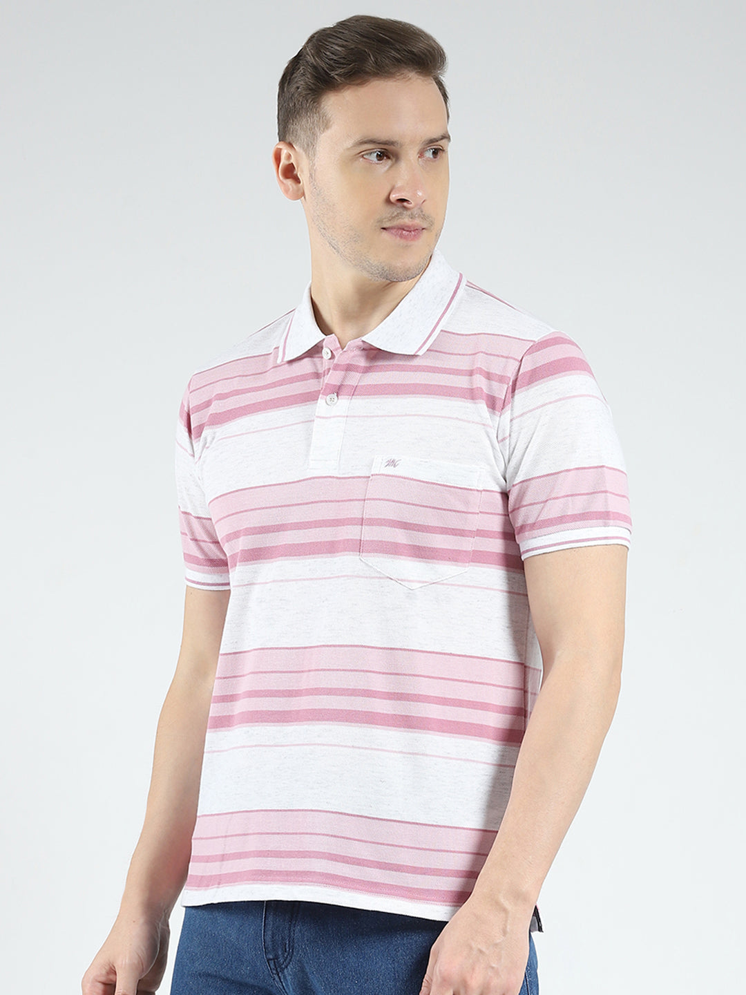 Men Pink Stripe Collar Half Sleeve T-Shirt