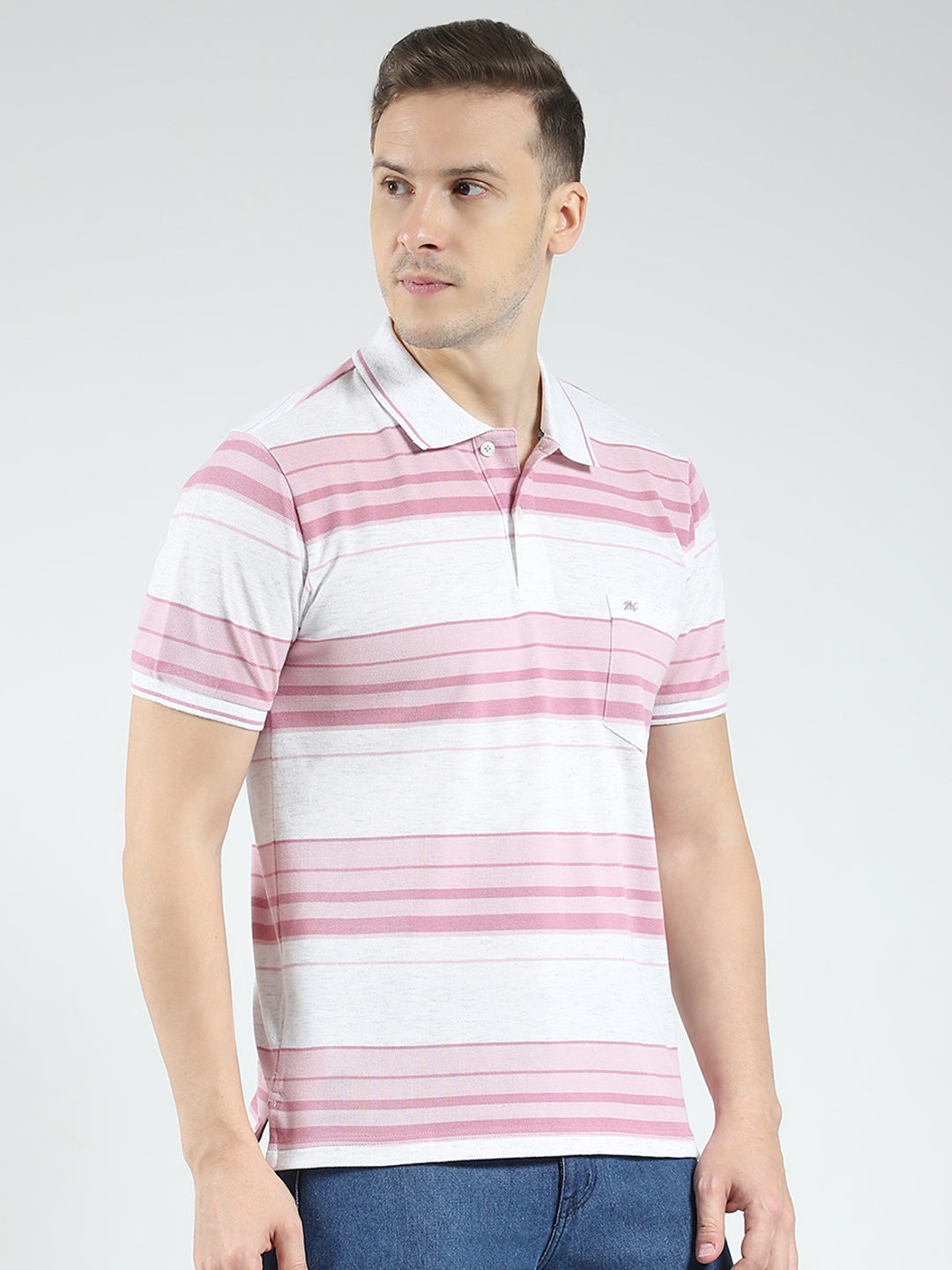 Men Pink Stripe Collar Half Sleeve T-Shirt