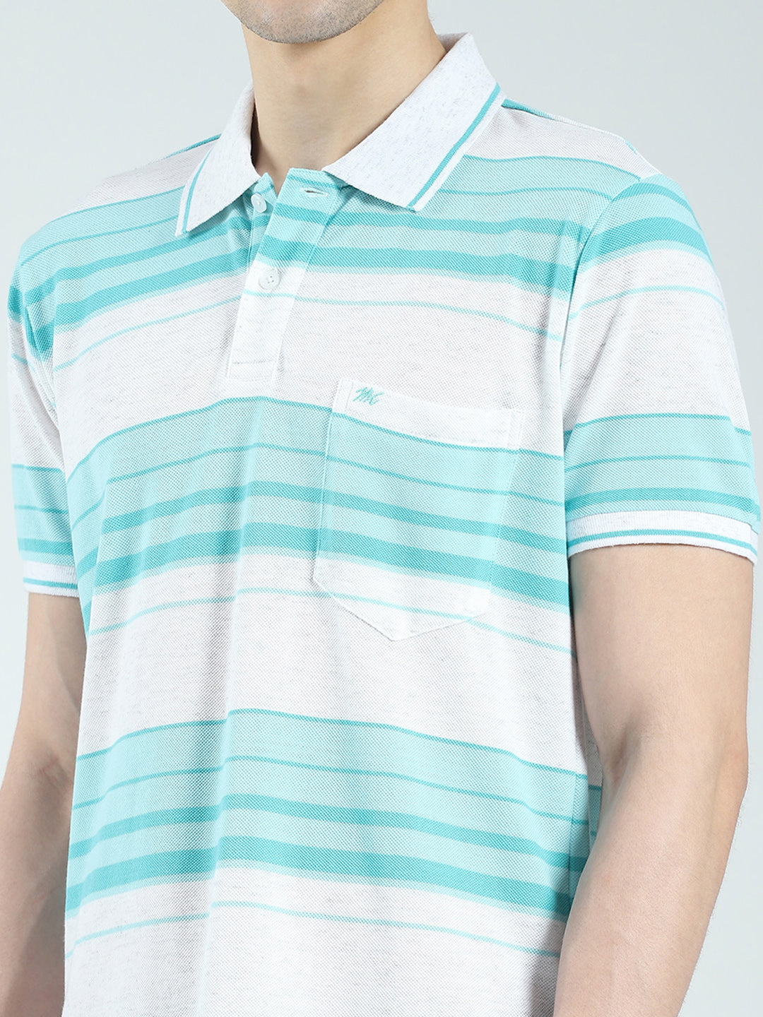Men Green Stripe Collar Half Sleeve T-Shirt