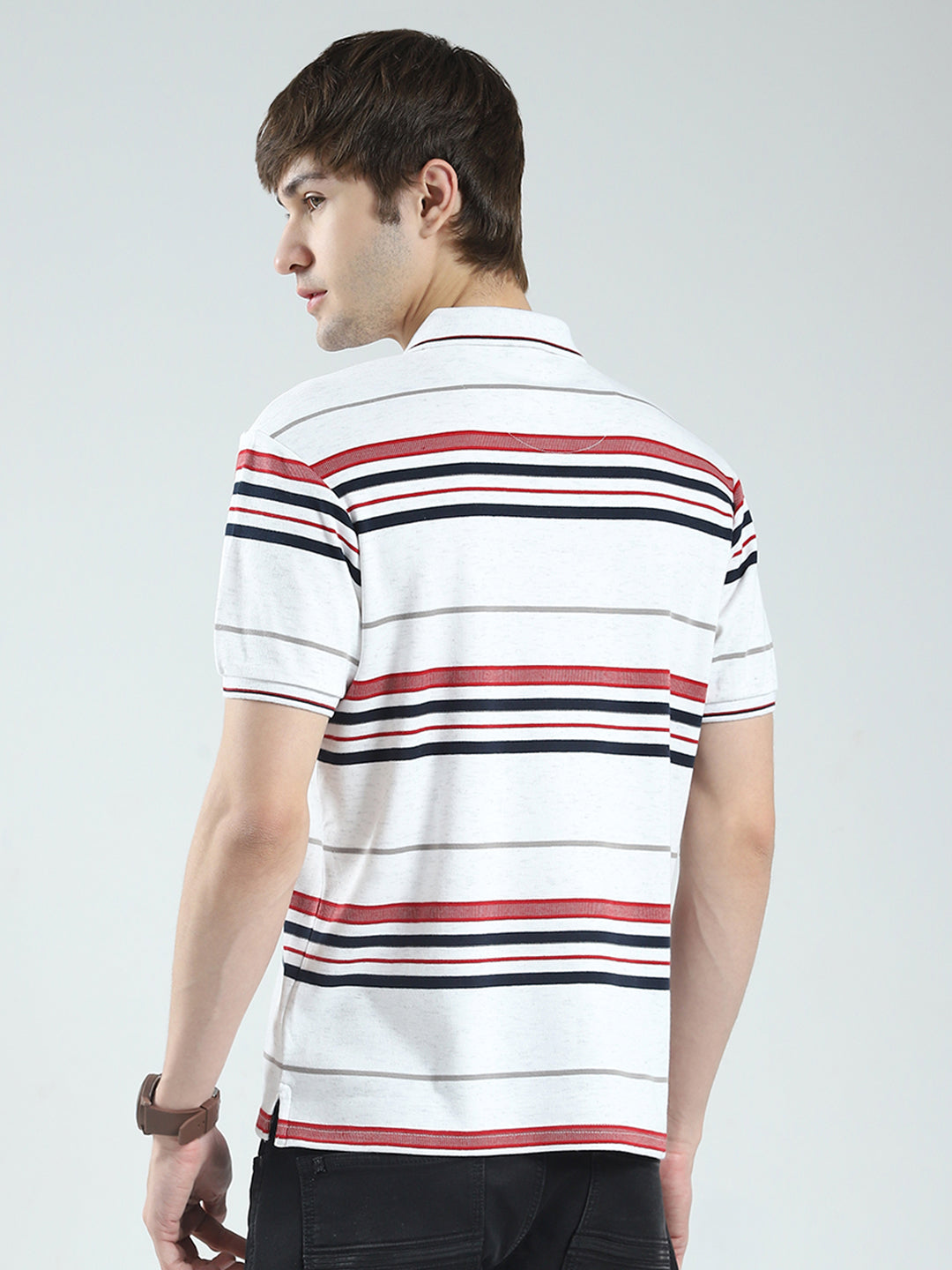 Men White Stripe Collar Half Sleeve T-Shirt