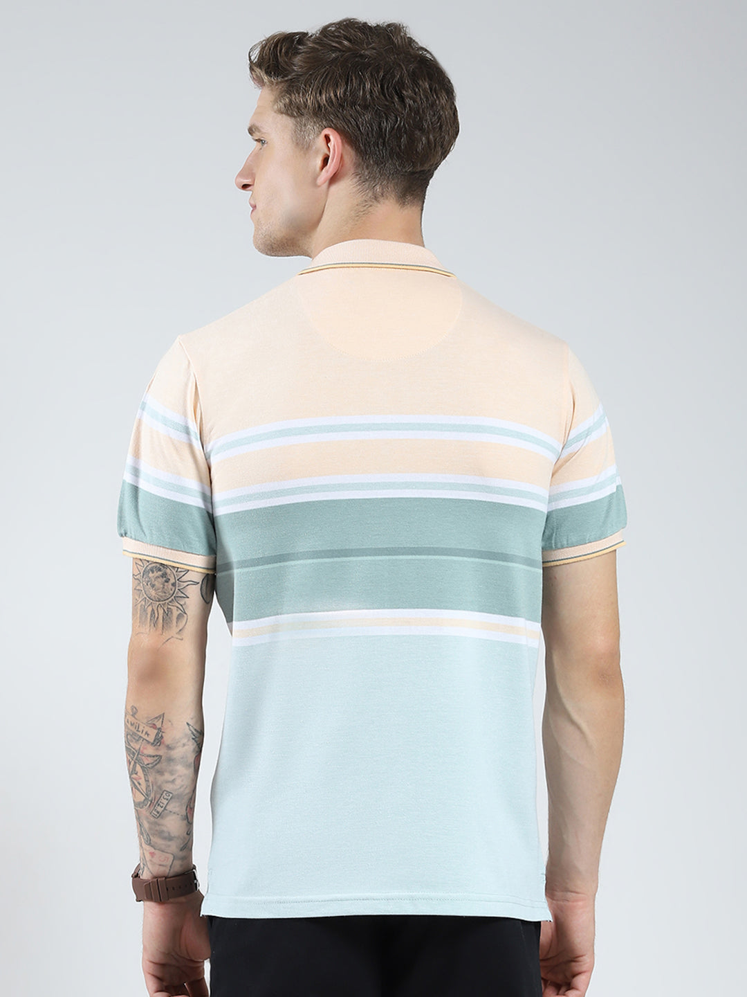 Men Peach Stripe Collar Half Sleeve T-Shirt