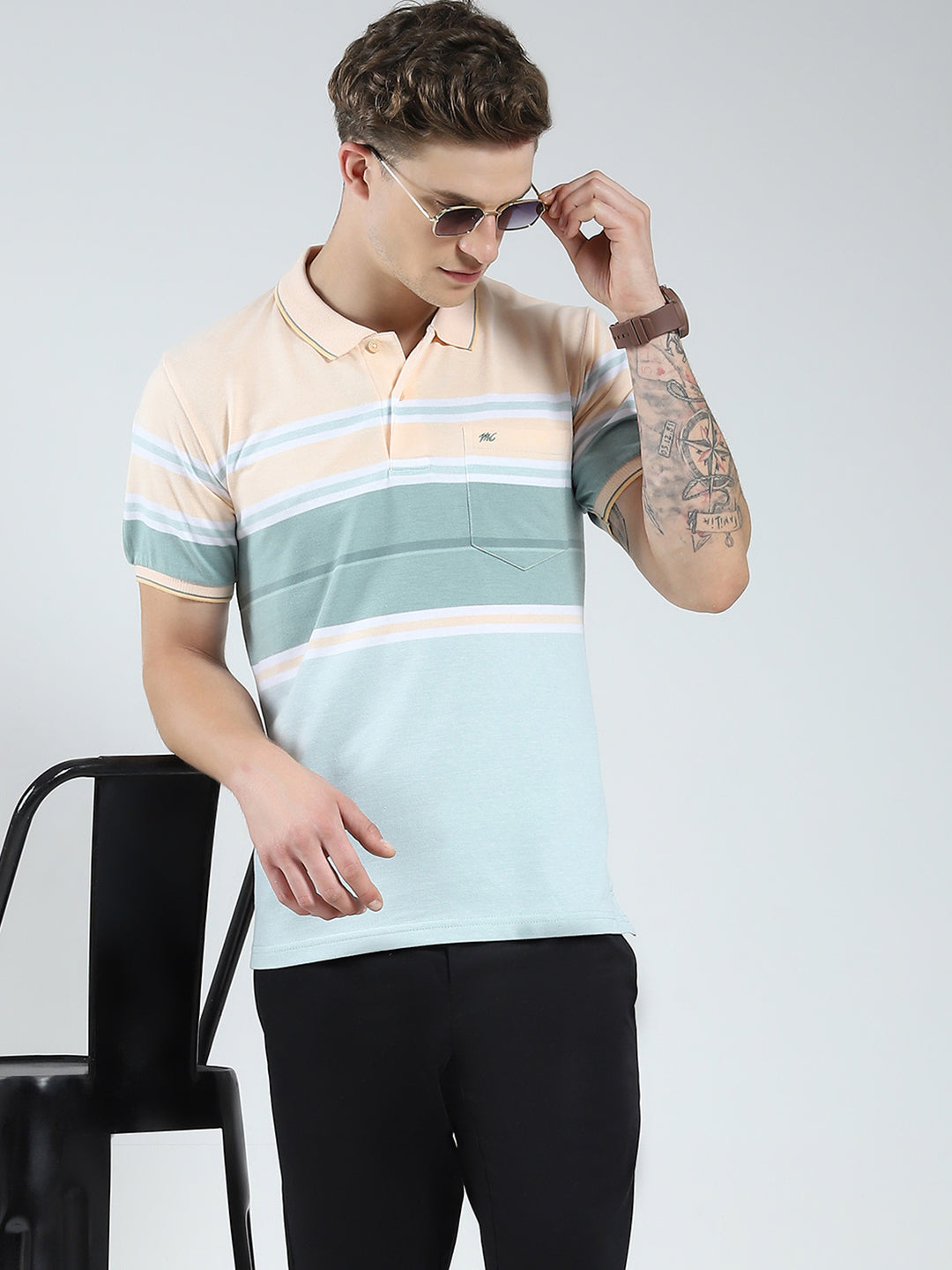 Men Peach Stripe Collar Half Sleeve T-Shirt