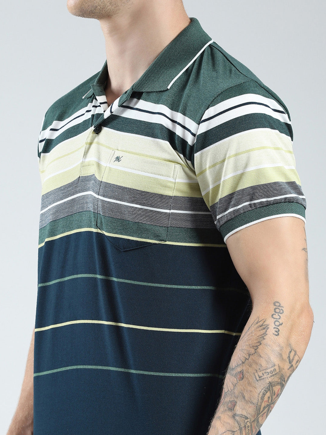 Men Green Stripe Collar Half Sleeve T-Shirt
