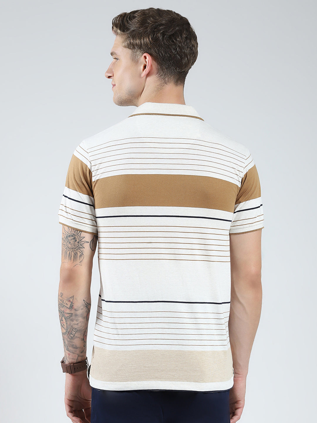 Men Camel Brown Stripe Collar Half Sleeve T-Shirt