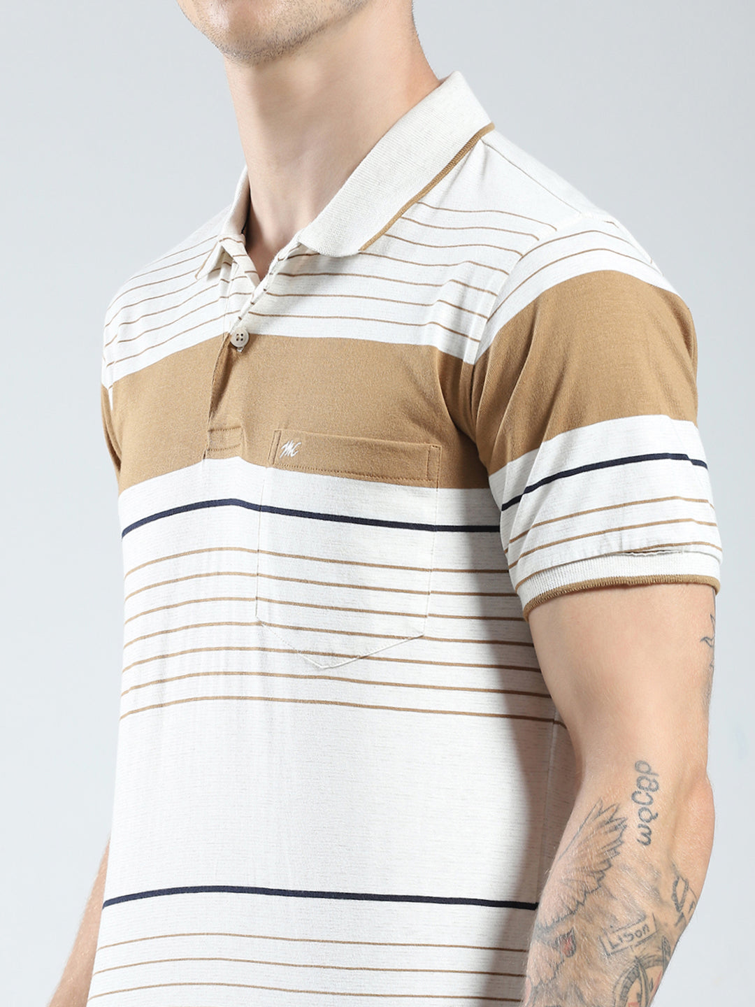 Men Camel Brown Stripe Collar Half Sleeve T-Shirt