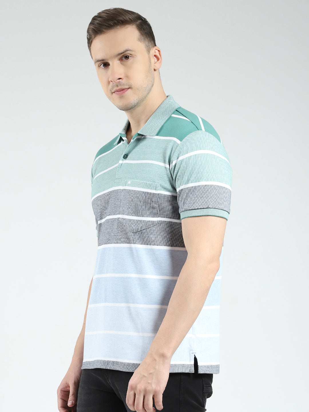 Men Green Stripe Collar Half Sleeve T-Shirt