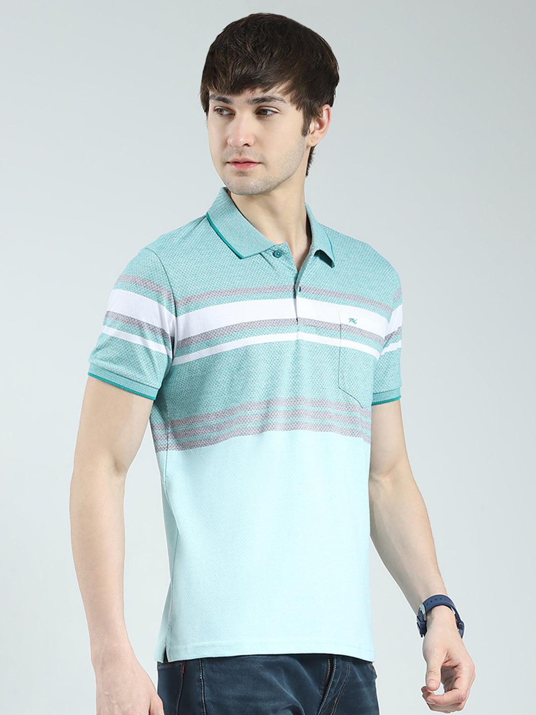 Men Green Stripe Collar Half Sleeve T-Shirt