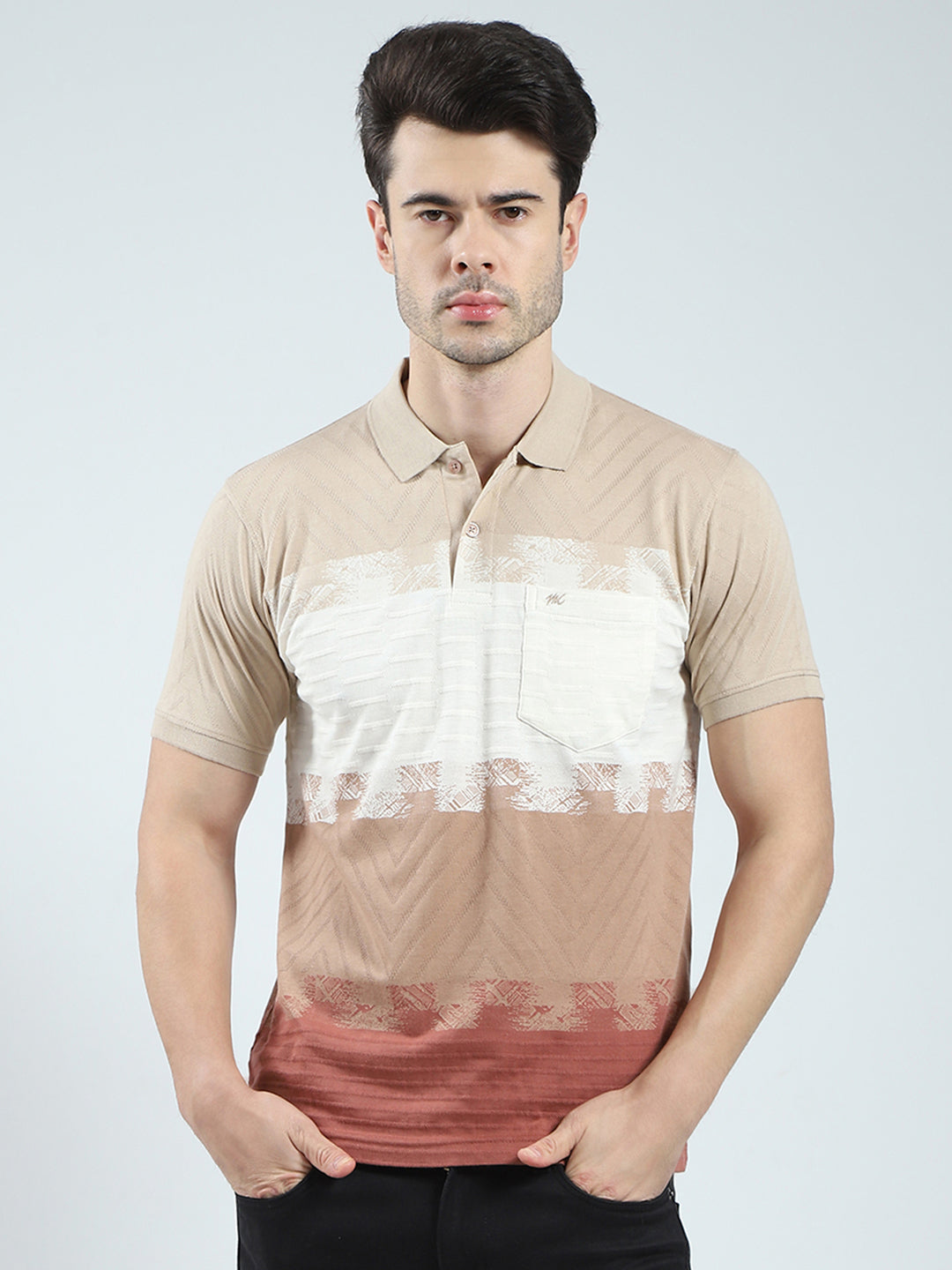 Men Beige Stripe Collar Half Sleeve T-Shirt
