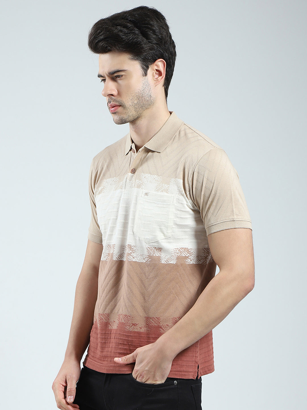 Men Beige Stripe Collar Half Sleeve T-Shirt