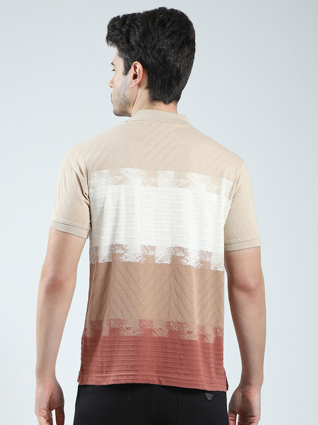 Men Beige Stripe Collar Half Sleeve T-Shirt