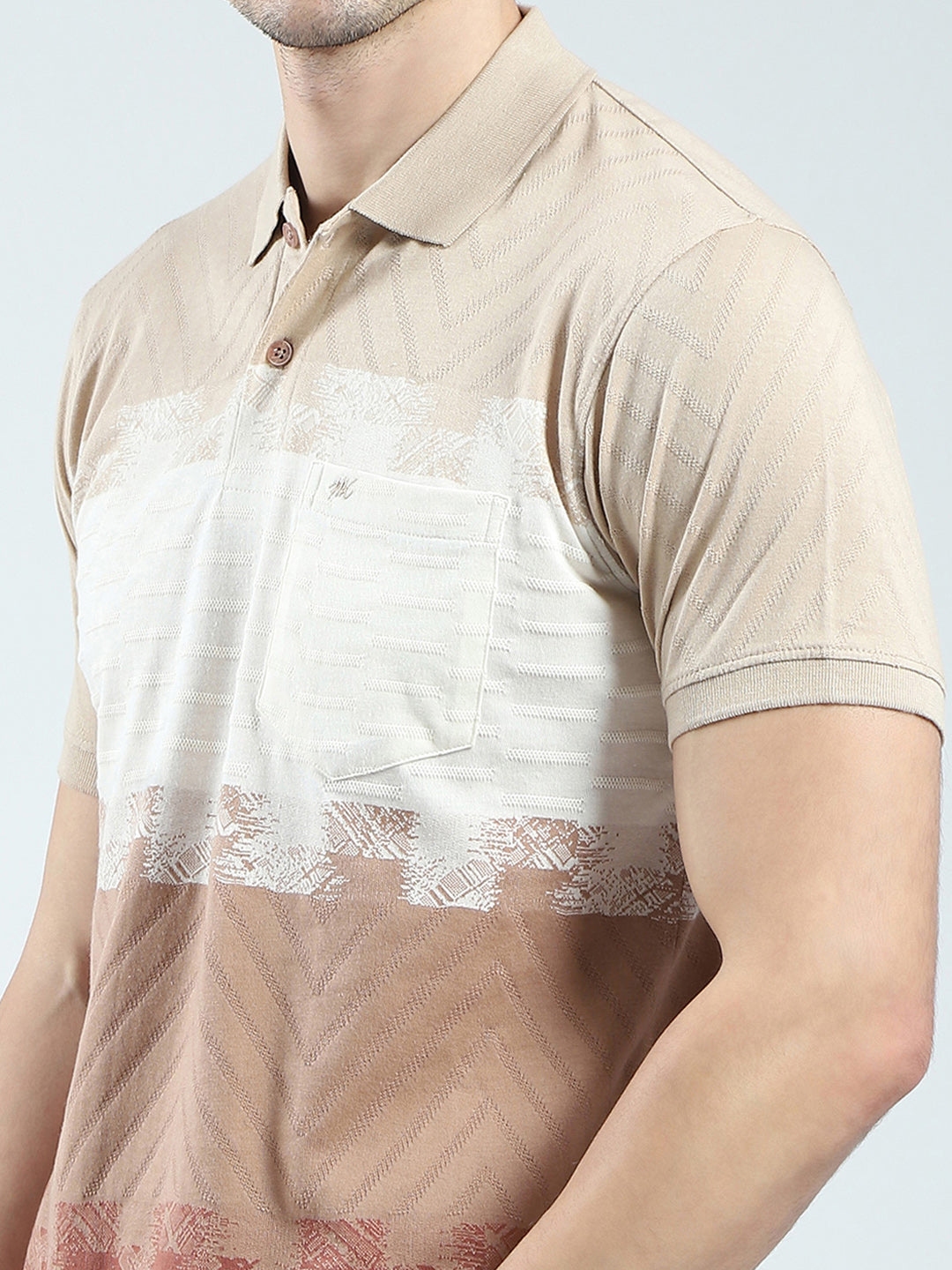 Men Beige Stripe Collar Half Sleeve T-Shirt