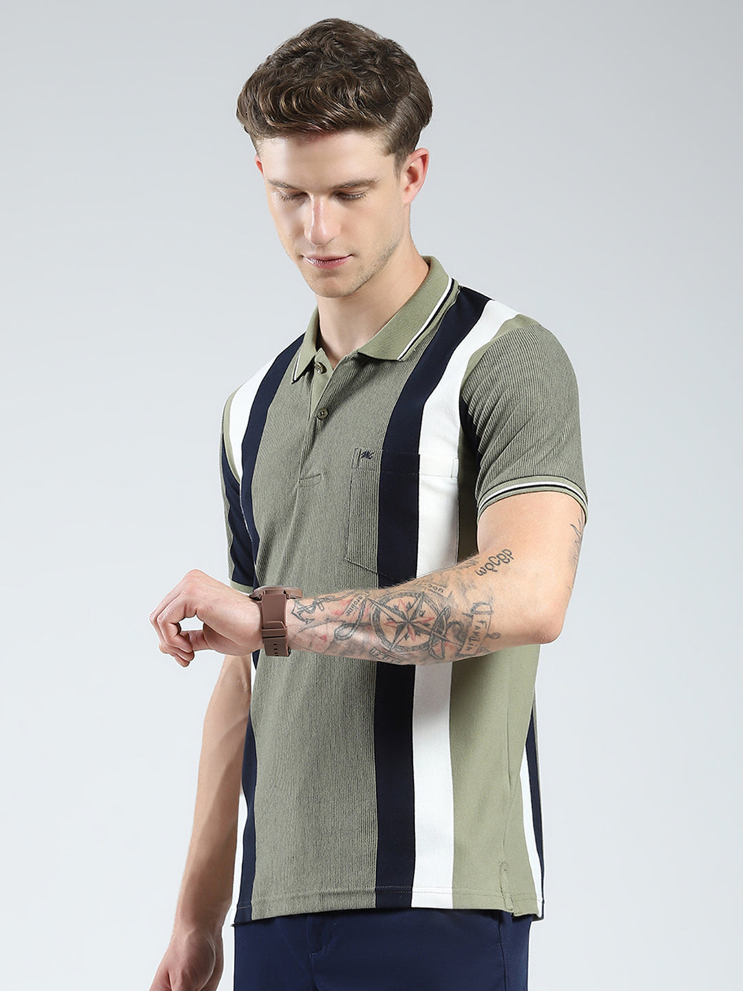 Men Green Stripe Collar Half Sleeve T-Shirt