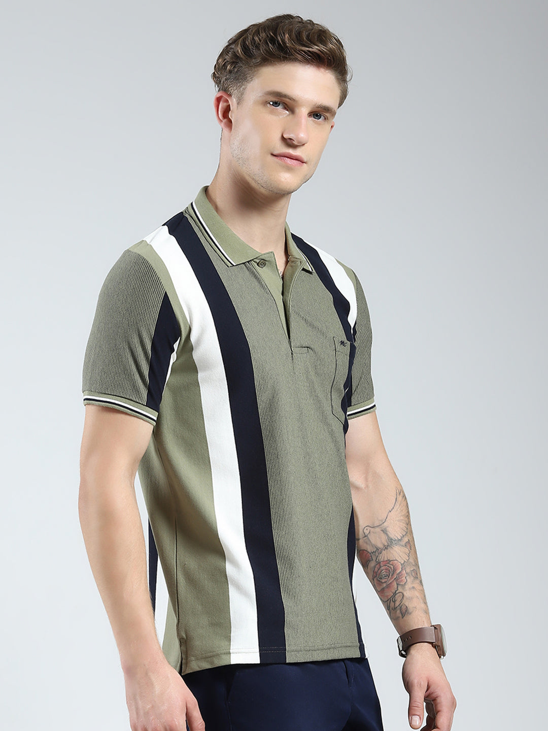 Men Green Stripe Collar Half Sleeve T-Shirt