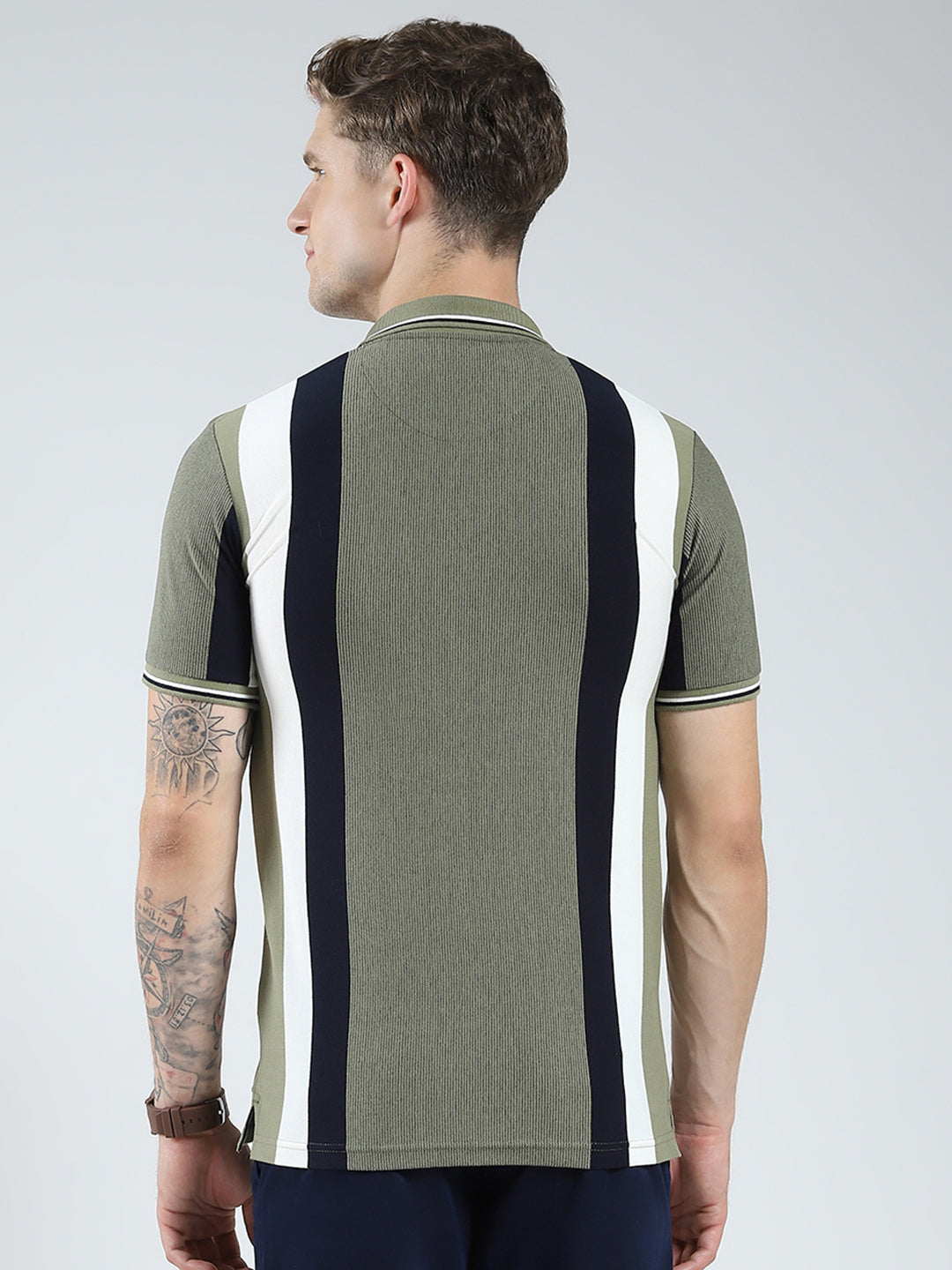 Men Green Stripe Collar Half Sleeve T-Shirt