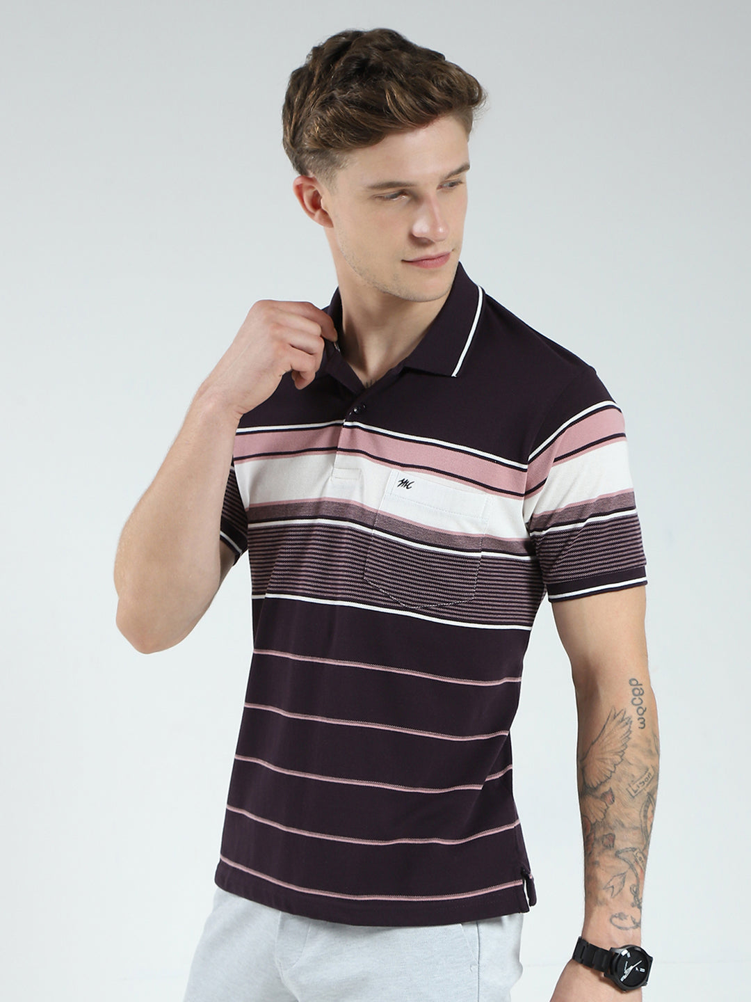 Men Brown Stripe Collar Half Sleeve T-Shirt