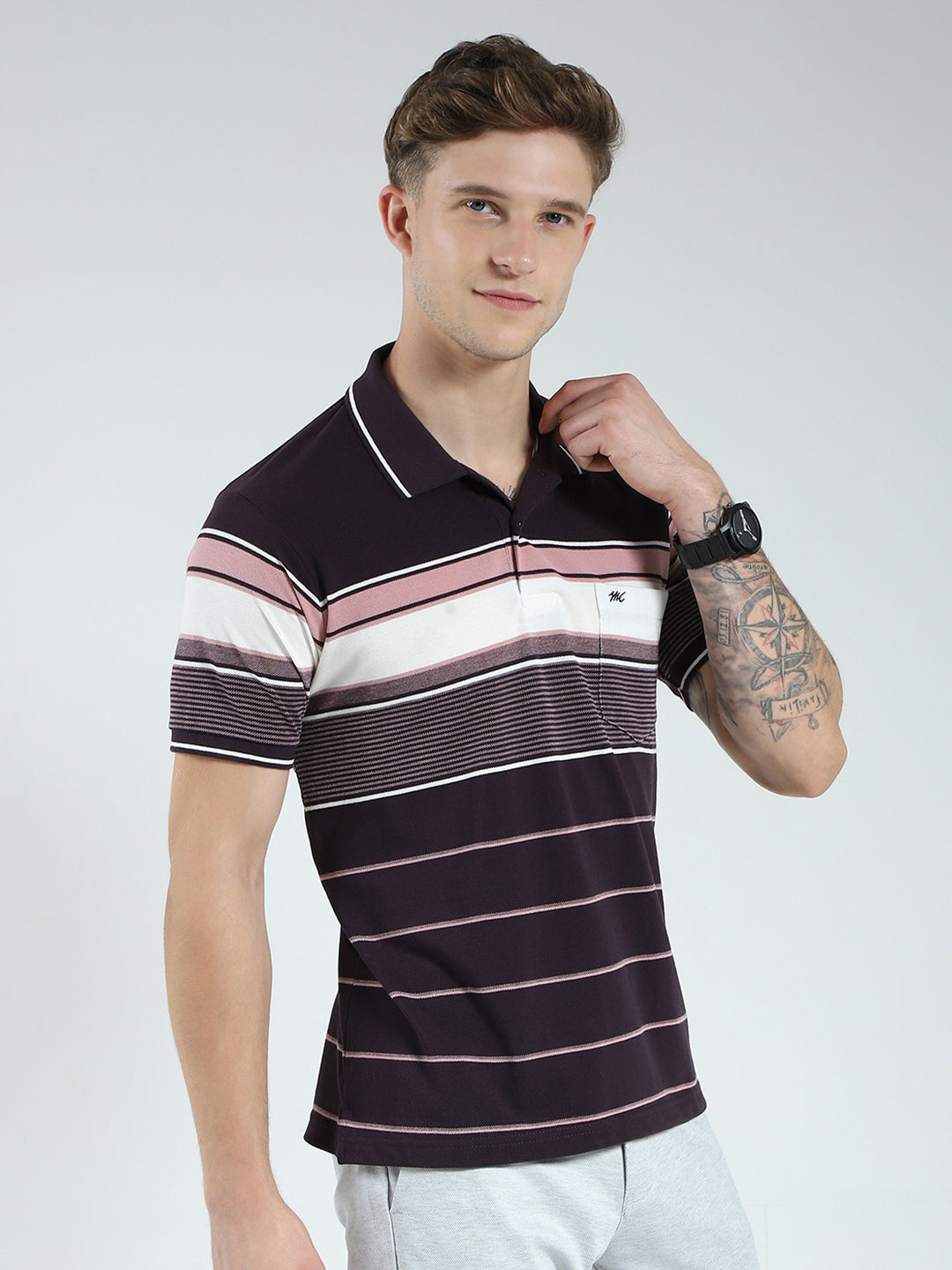 Men Brown Stripe Collar Half Sleeve T-Shirt