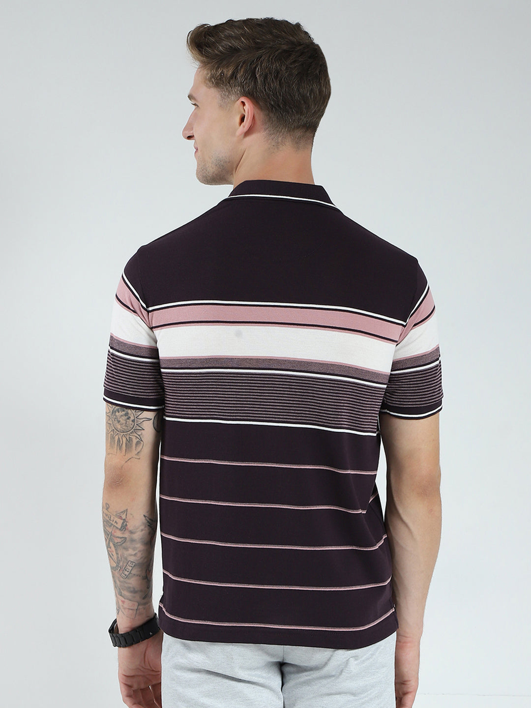 Men Brown Stripe Collar Half Sleeve T-Shirt