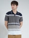 Men Navy Blue Stripe Collar Half Sleeve T-Shirt
