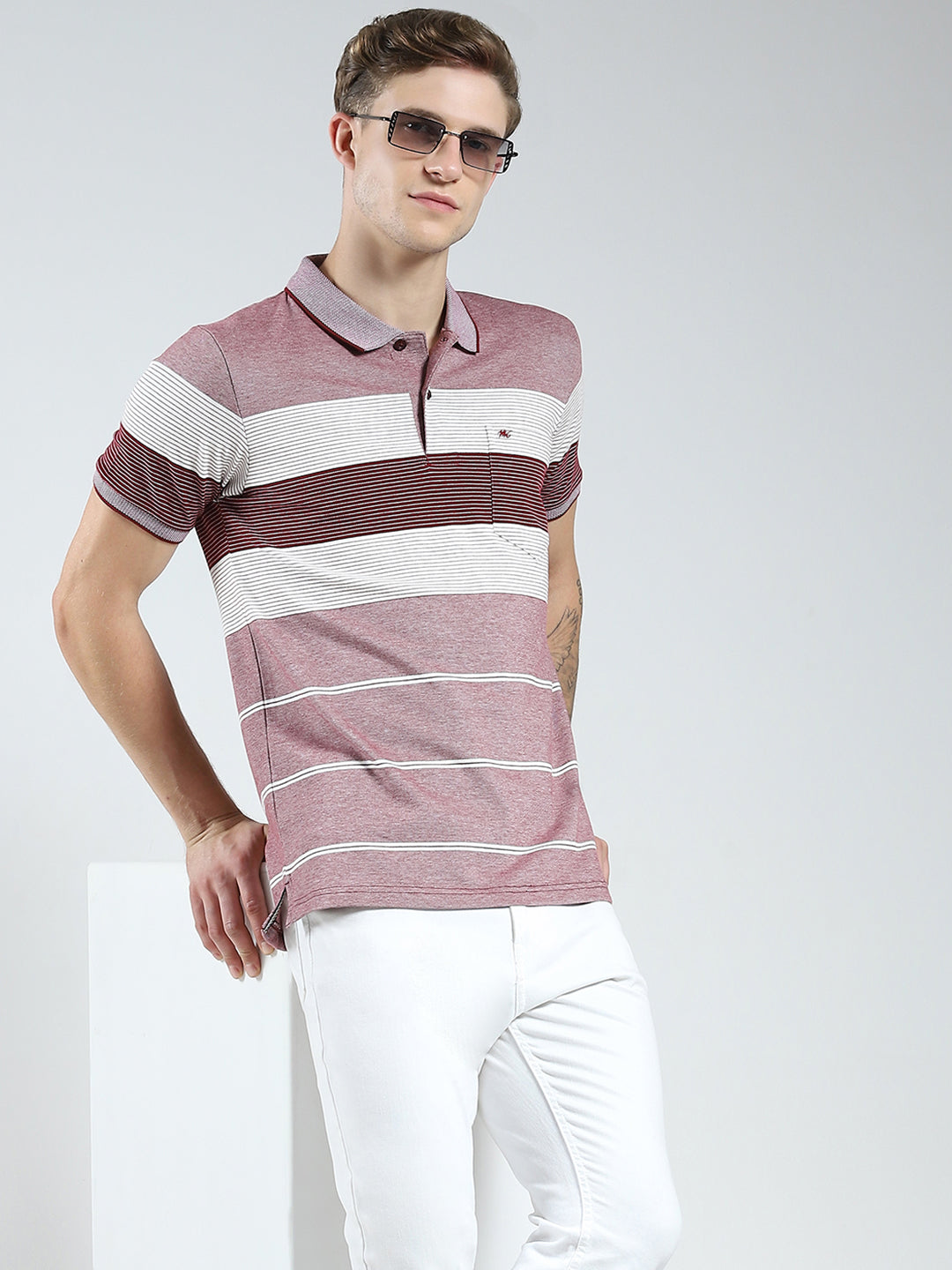 Men Maroon Stripe Collar Half Sleeve T-Shirt
